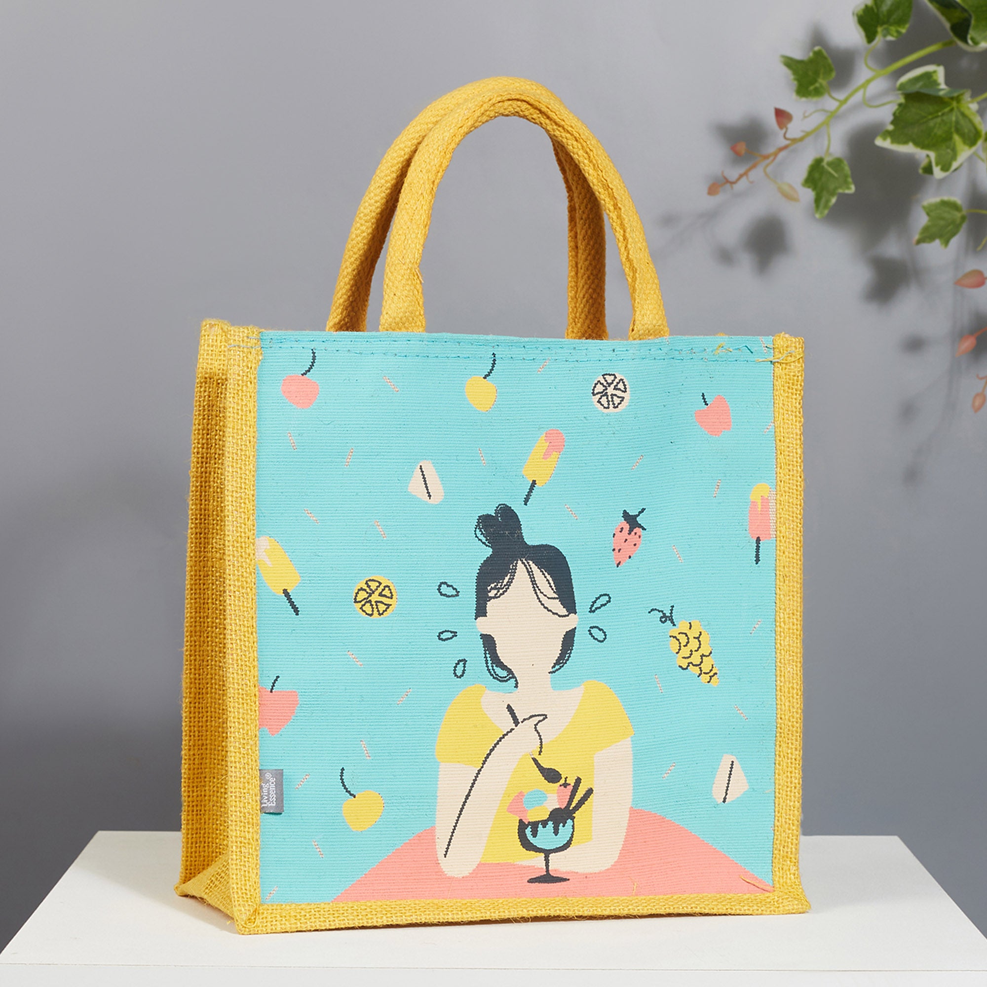 Good Life Jute Reversible Dessert Printed Lunch Bag 25.5 x 25.5 Cm in Turq & Yellow Colour