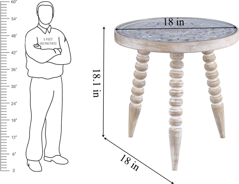 Antico Mango Wood Carved Stool in White Colour
