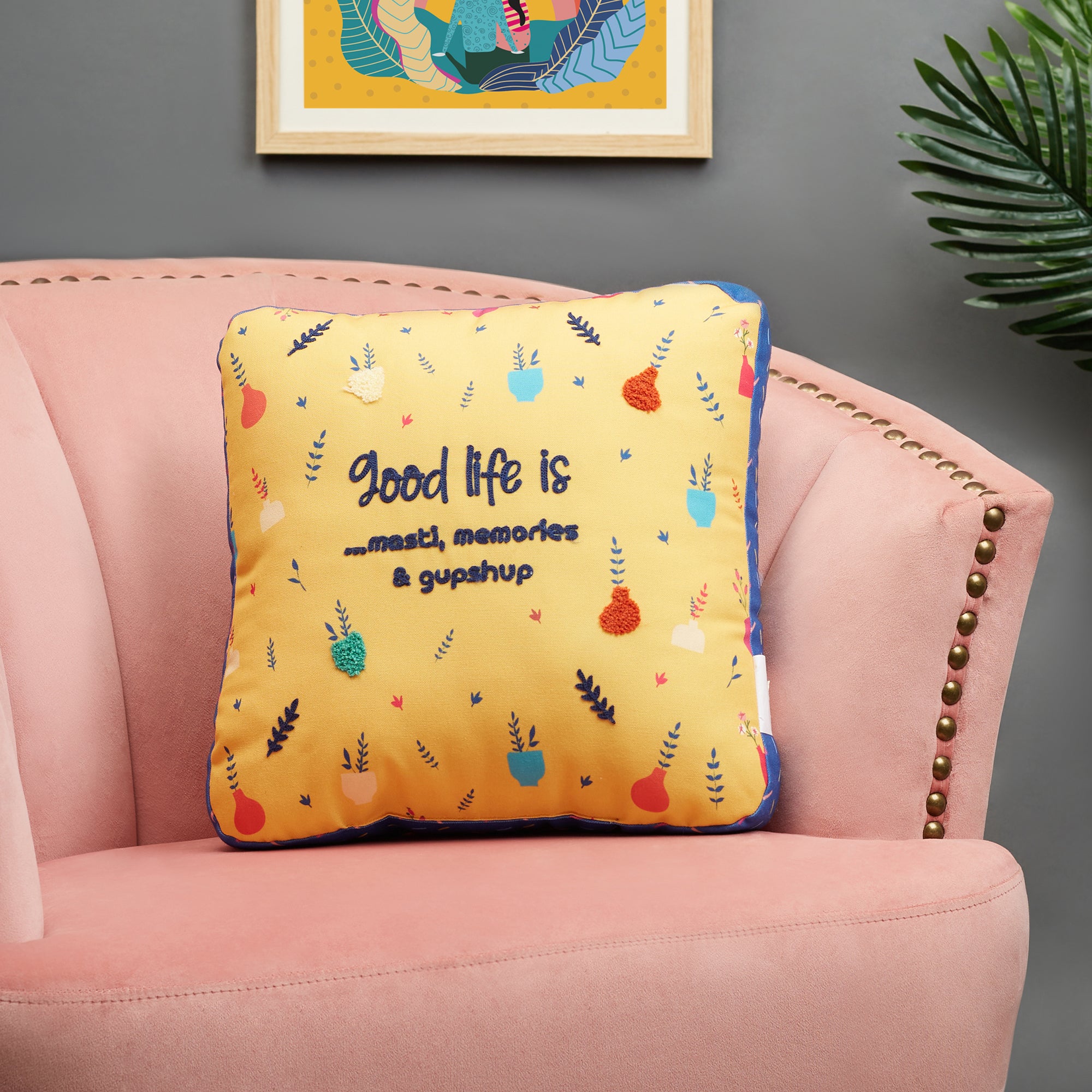 Good Life  Reversible GupShup Digital Printed Shaped Cushion 40x40 Cm in Yellow Colour