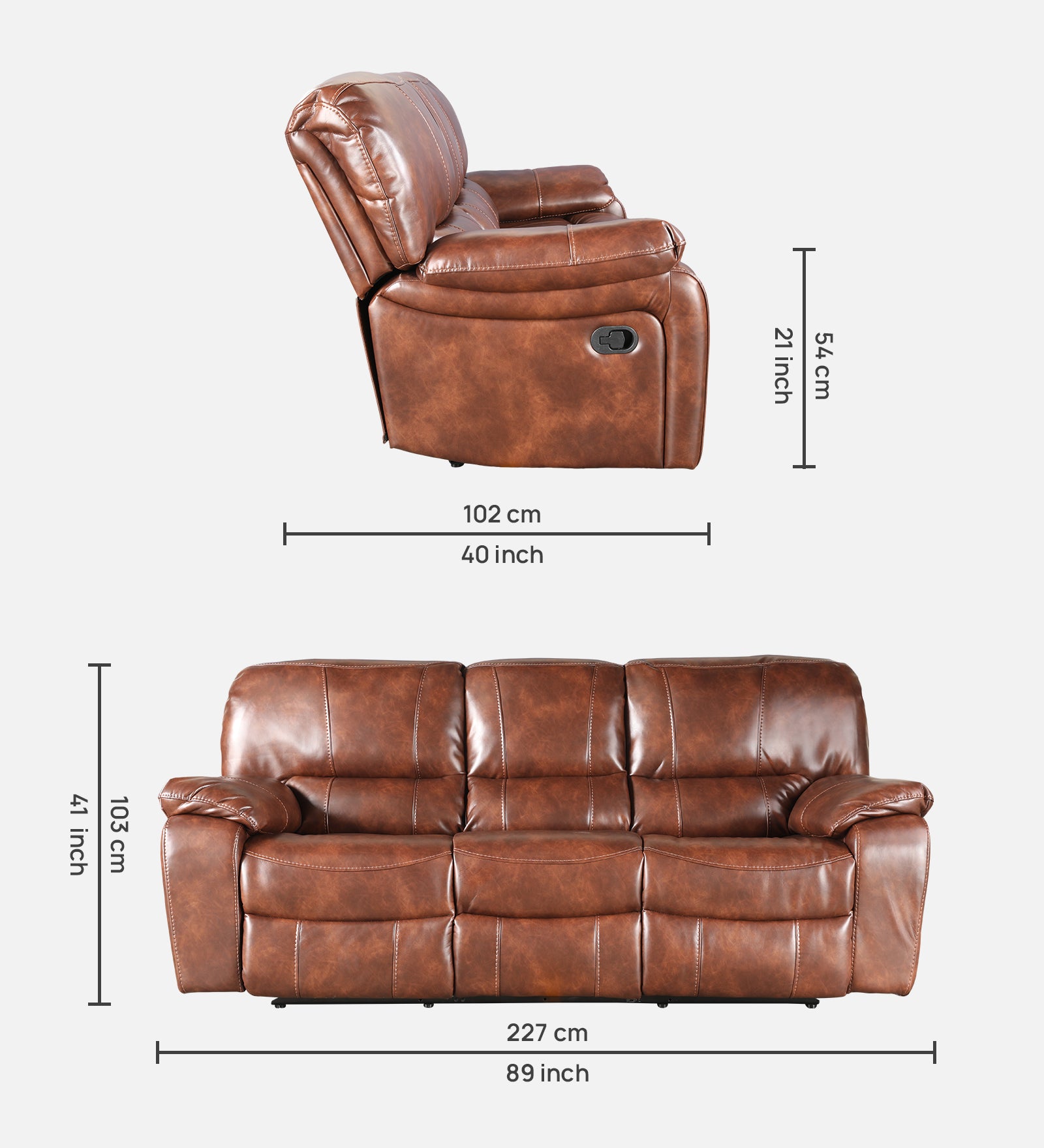 Urbano Leather Fabric Three Seater Recliner in Brown Colour