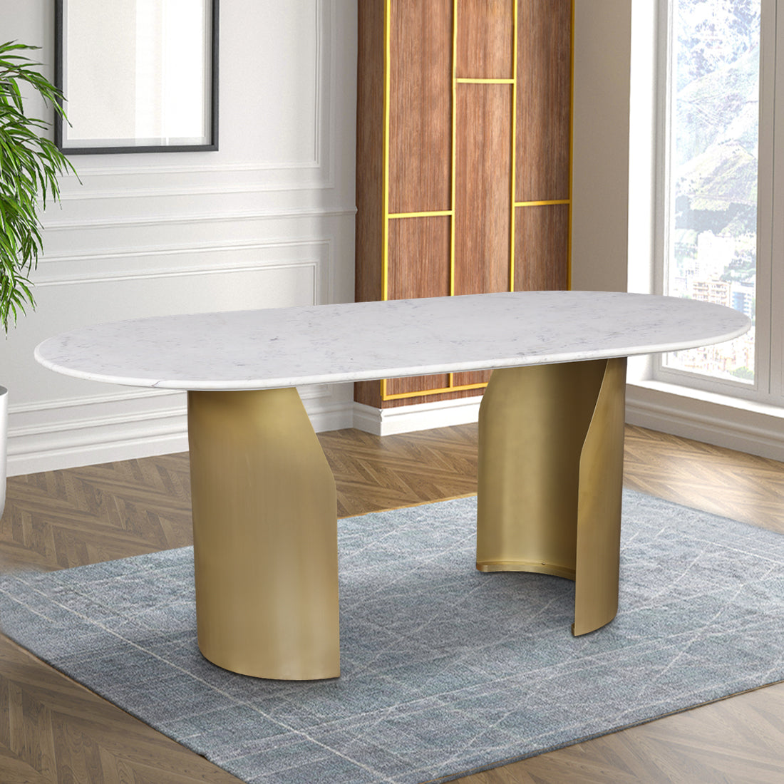Palatine Marble Top Six Seater Dining Table in White & Gold Colour