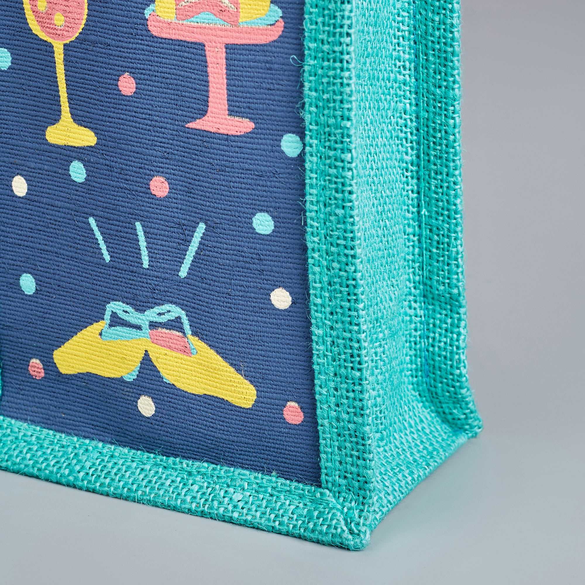 Good Life Jute Reversible Macaroon Printed Bottle Bag 12 x 35.5 Cm in Navy Colour