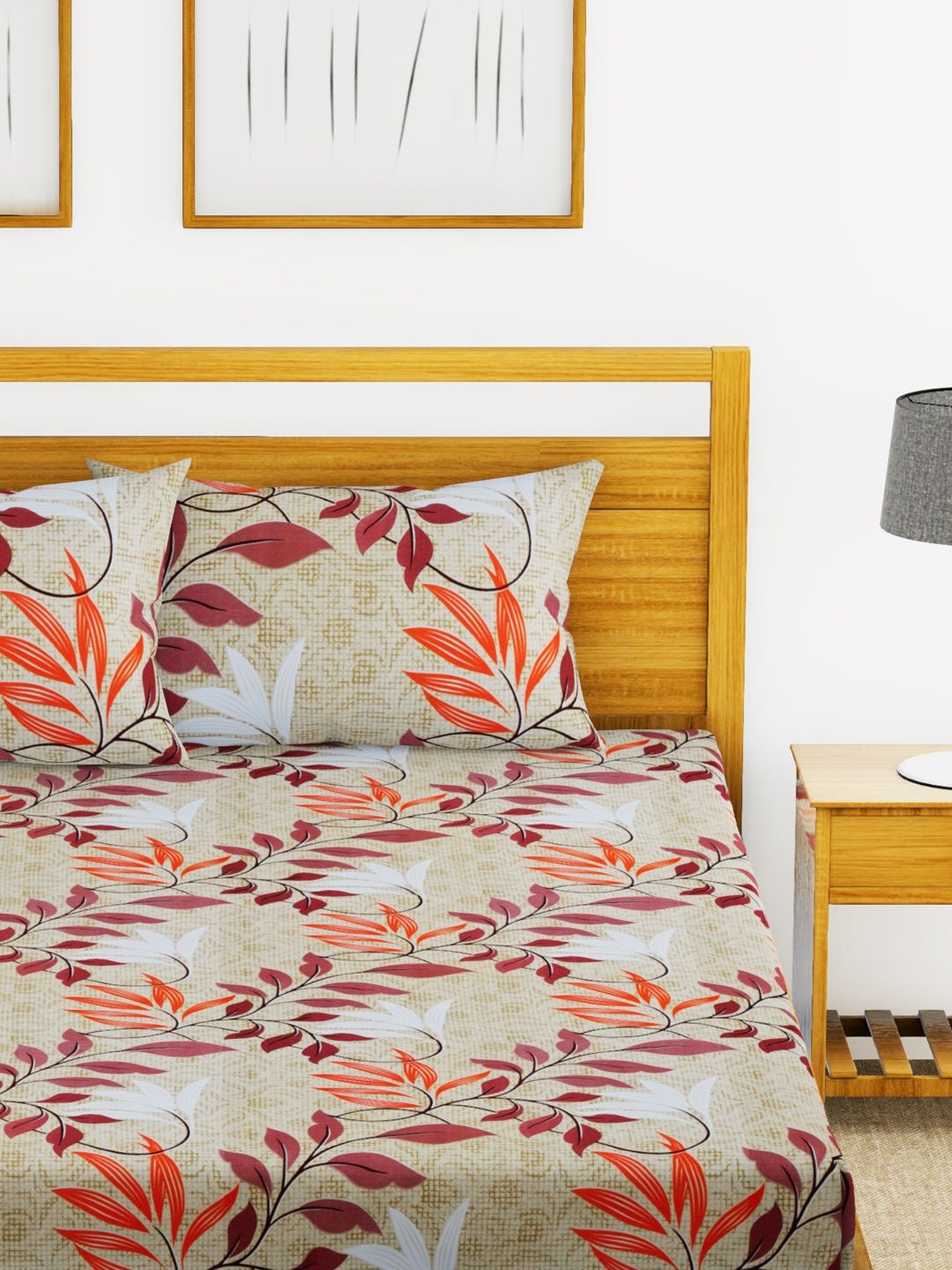 Essenza Cotton King Bed Sheet 220X254 CM in Light Olive & Orange Colour