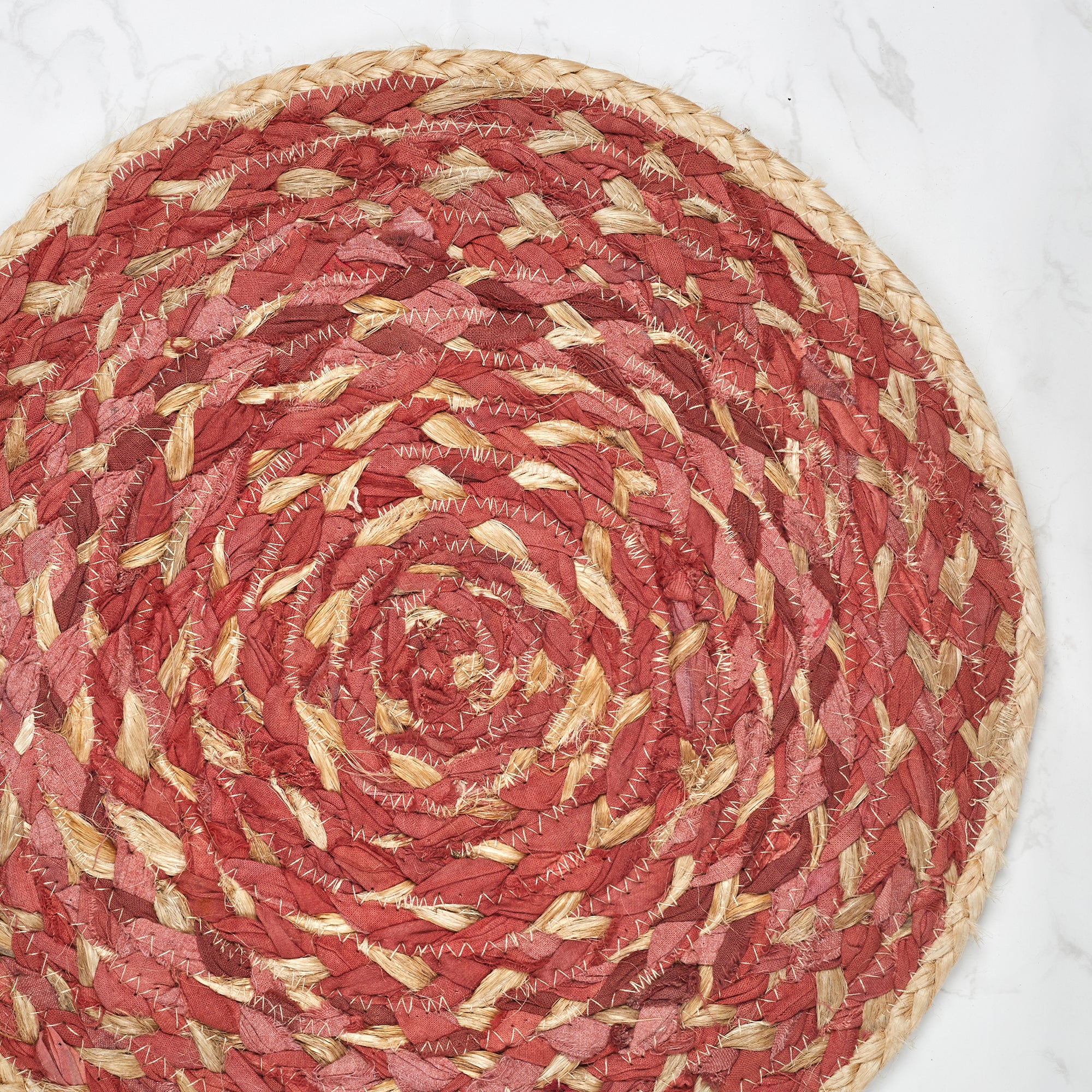 Boho  Handmade Recycled Fabric Placemat Dia 38 Cm in Rust Colour