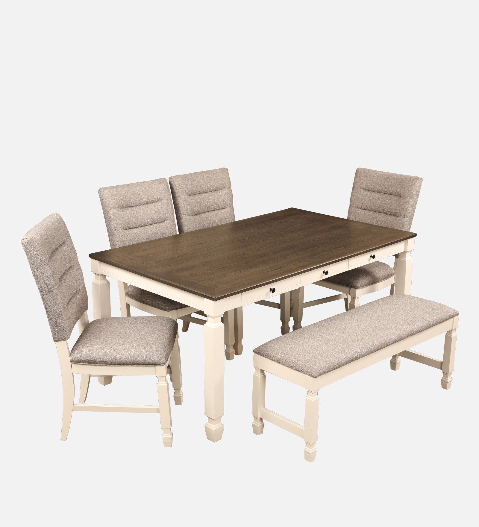 Wisp Rubber Wood Six Seater Dining Set With Bench in Antique White Colour