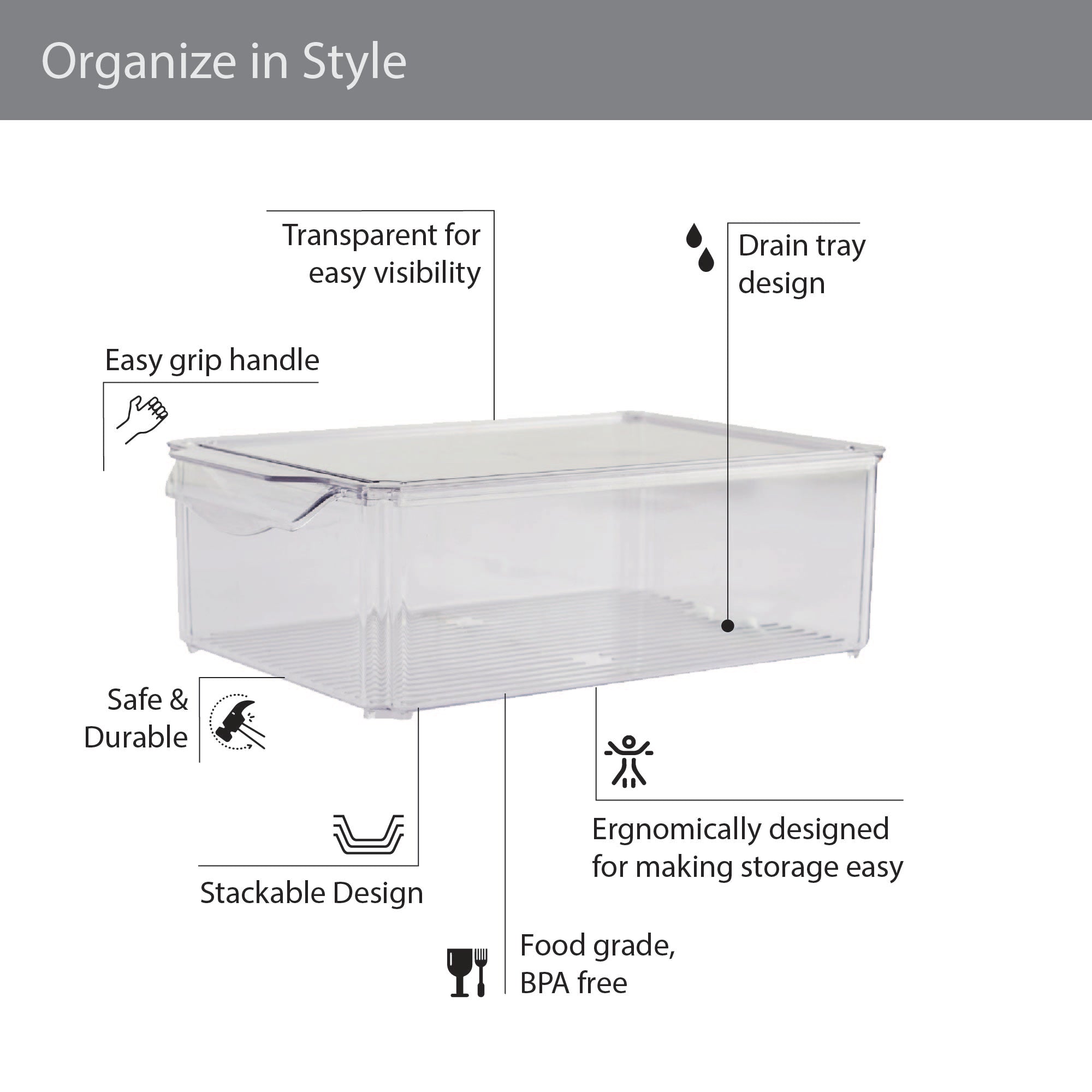 Robusto PET BPA Free Stackable Fridge Organizer with Lid & Drain- 5.7 Ltr in Transparent Colour