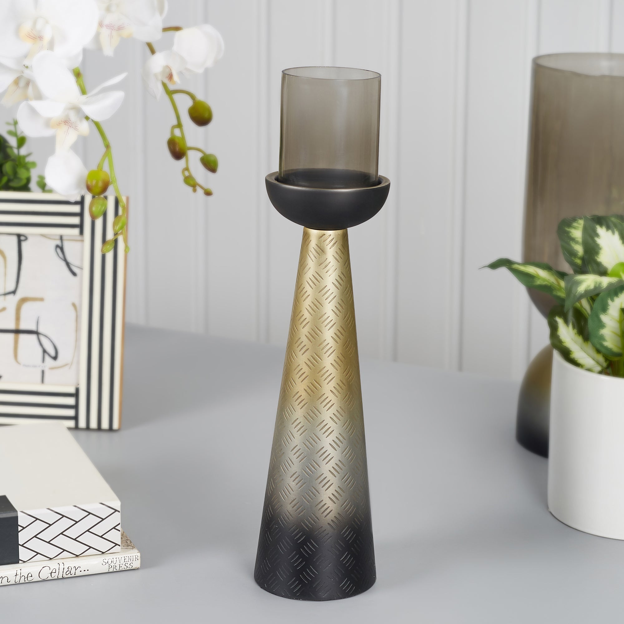 Zeus Iron and Glass Ombre Conical Candle Holder 10x37 Cm in Antique Gold & Black Colour