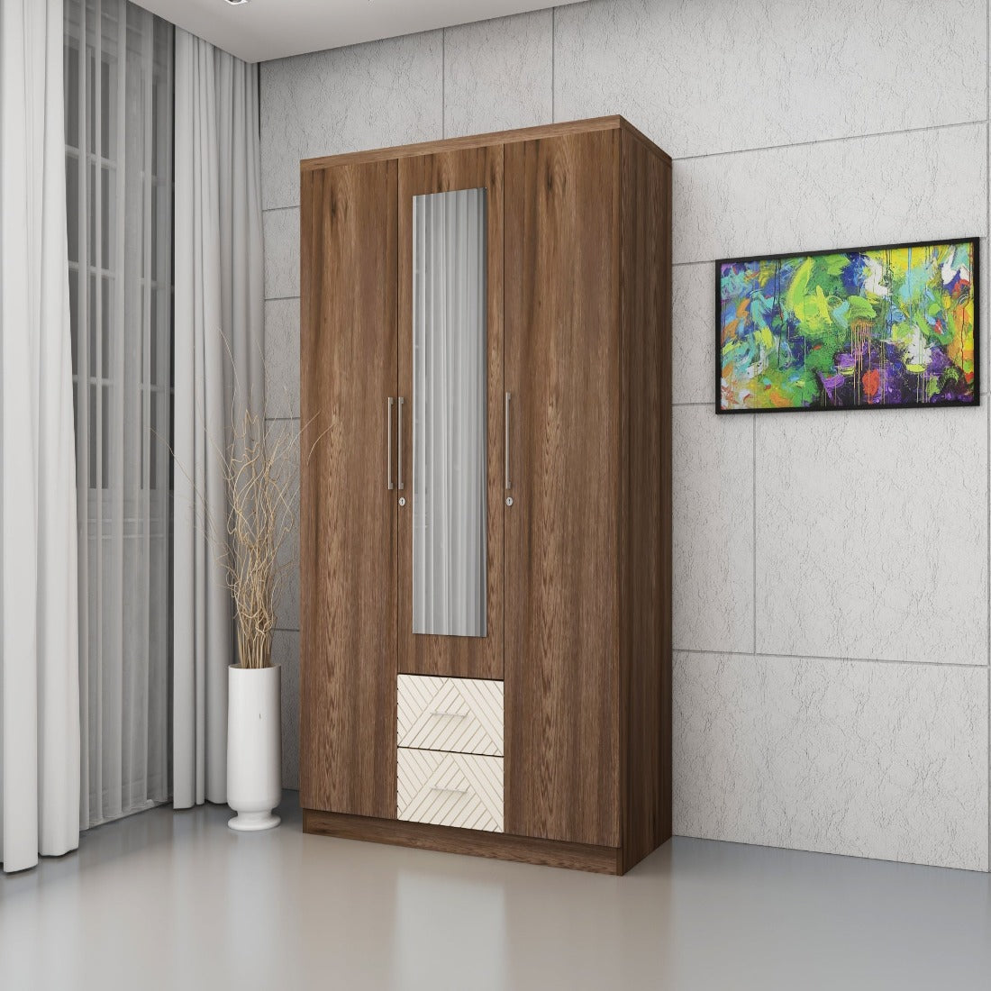 Saville Engineered Wood Three Door Wardrobe with Mirror in Dark Vogue Colour