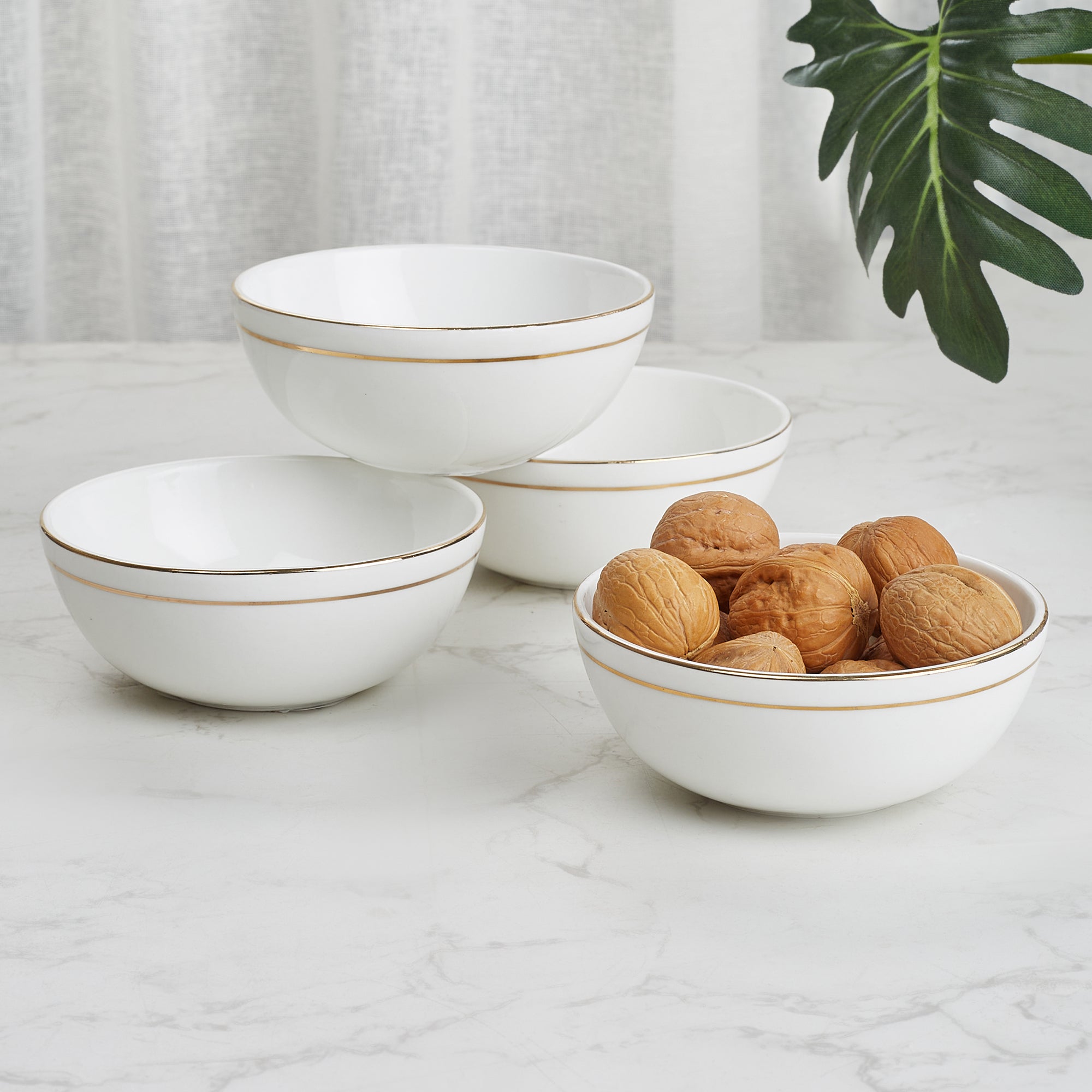 Avril Real Gold-Plated Bone China Veg Bowl/Katori Set of 4 in White Colour