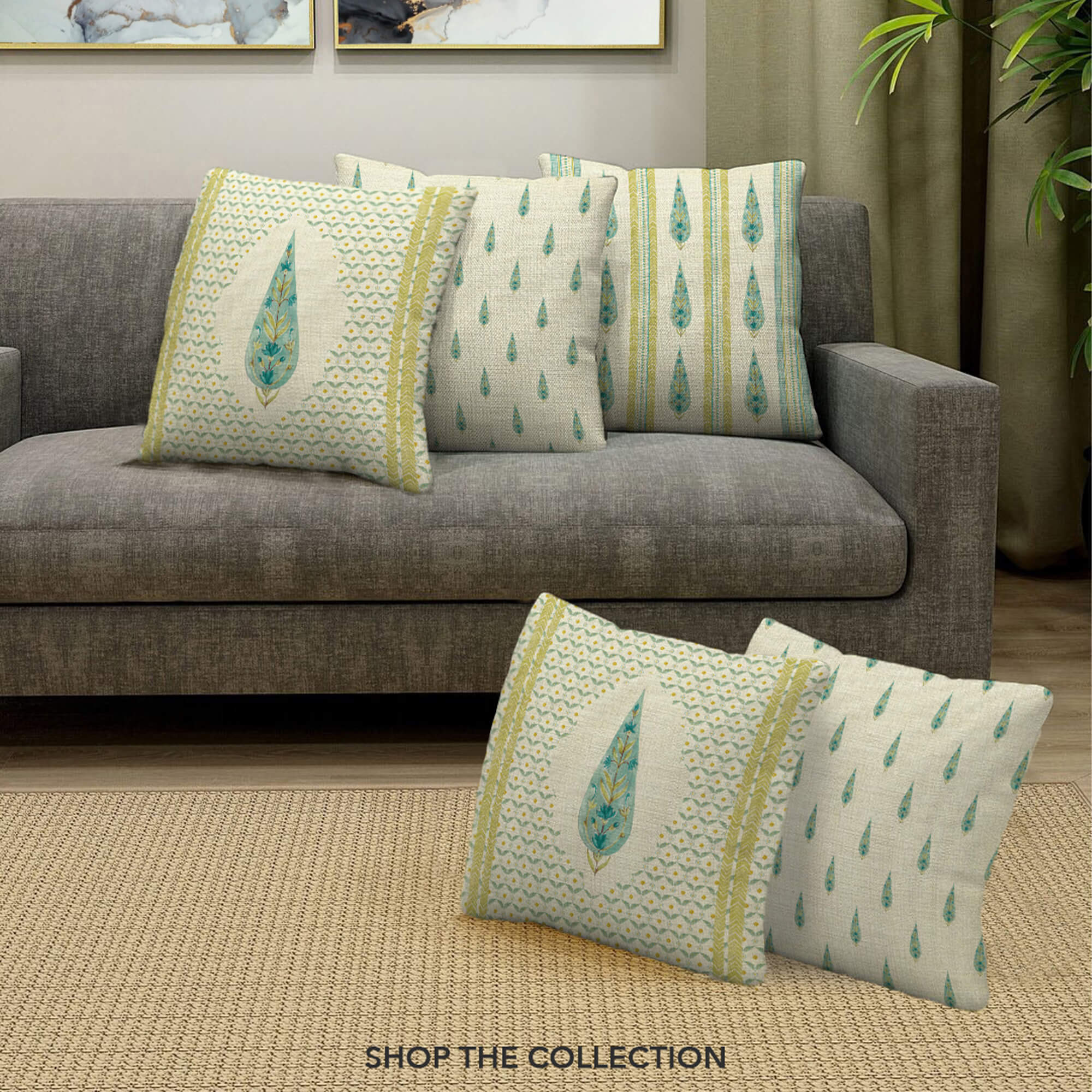 Indian Botanical Reversible Stripe Digital Printed Cushion Cover 40x40 Cm in Aqua Colour