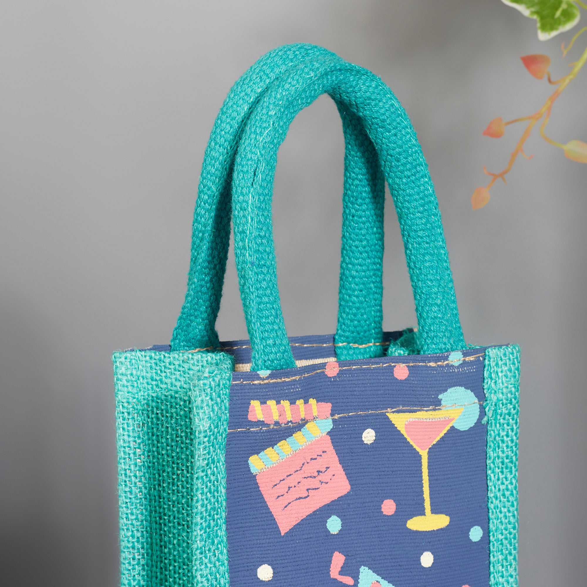 Good Life Jute Reversible Macaroon Printed Bottle Bag 12 x 35.5 Cm in Navy Colour