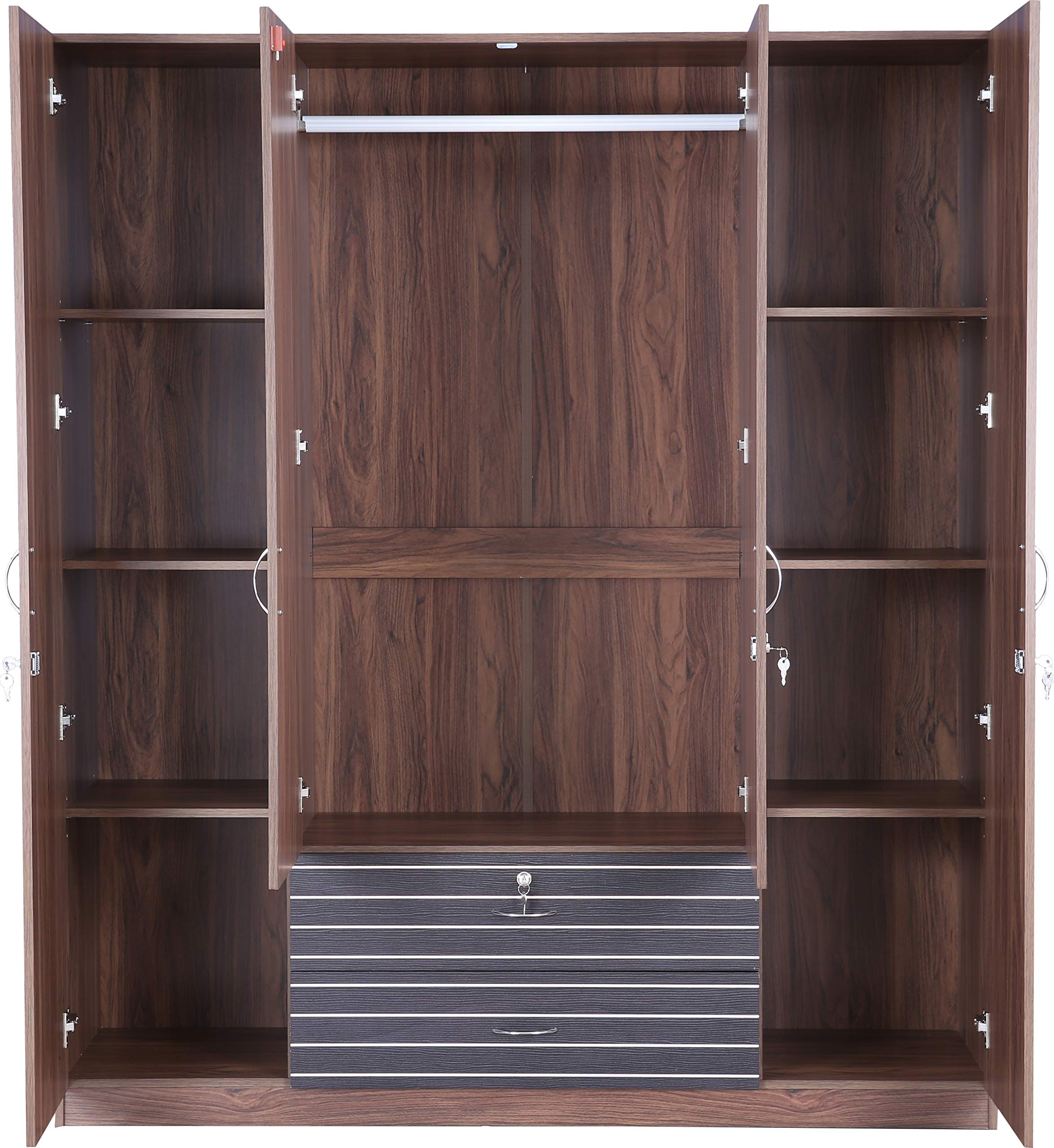 Molly Engineered Wood Four Door Wardrobe with Mirror in Walnut Finish