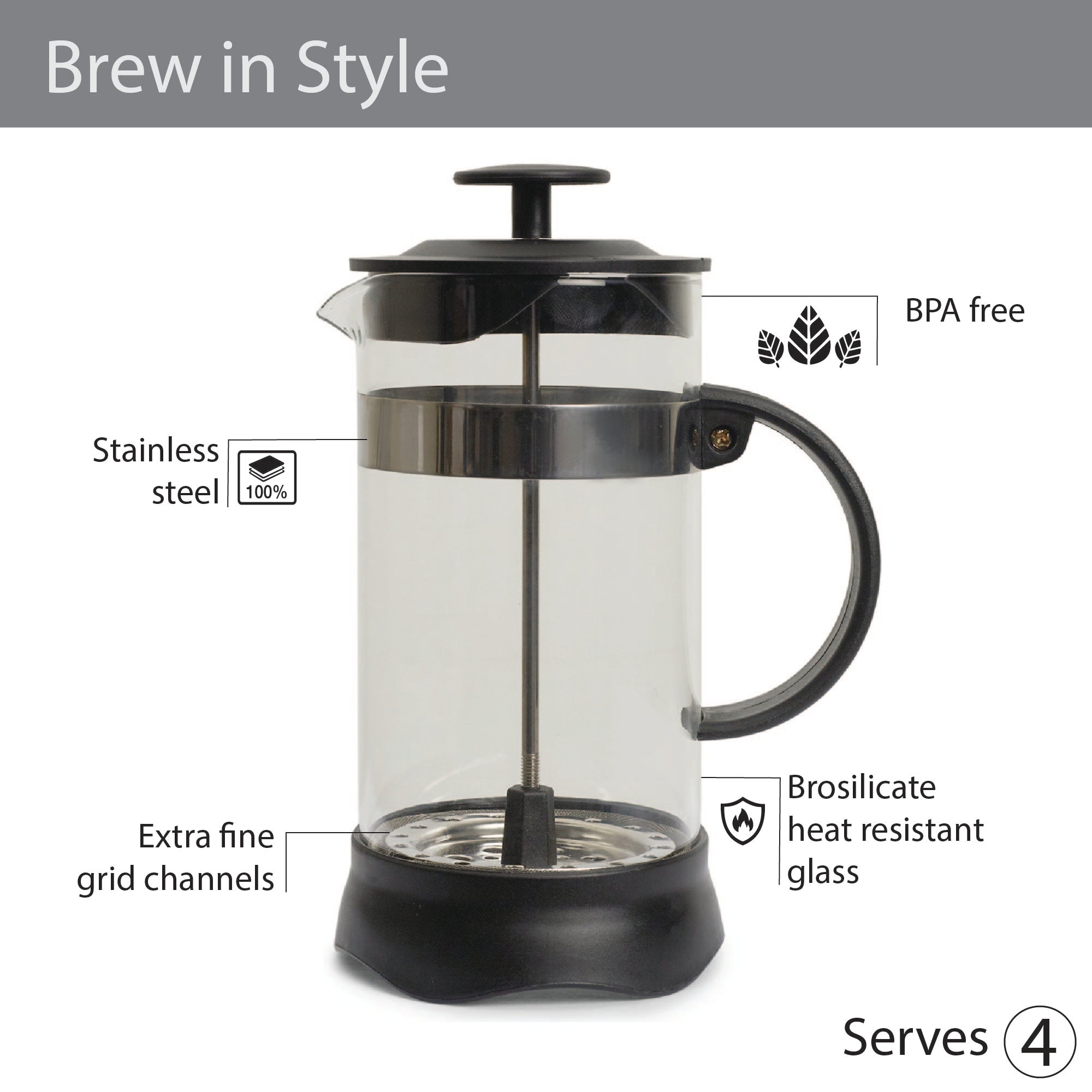 Brew Borosilicate Glass and Plastic French Press Coffee Plunger 1 Ltr in Transparent & Black Colour