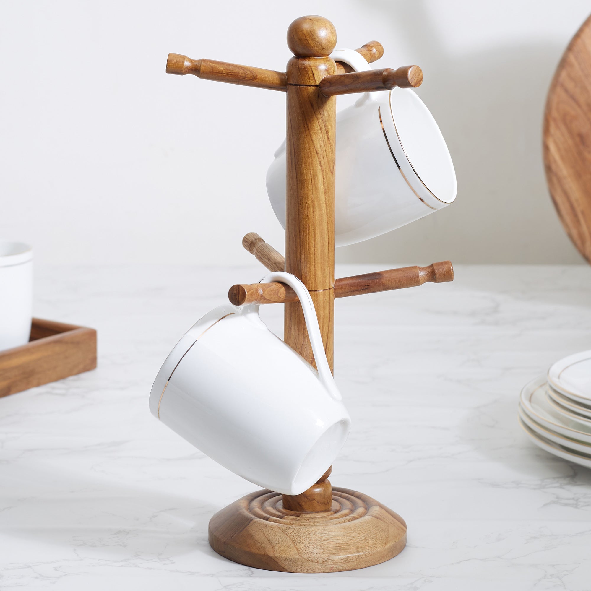 Beautiful Kitchen Wood Mug Tree/Stand/Holder in Brown Colour