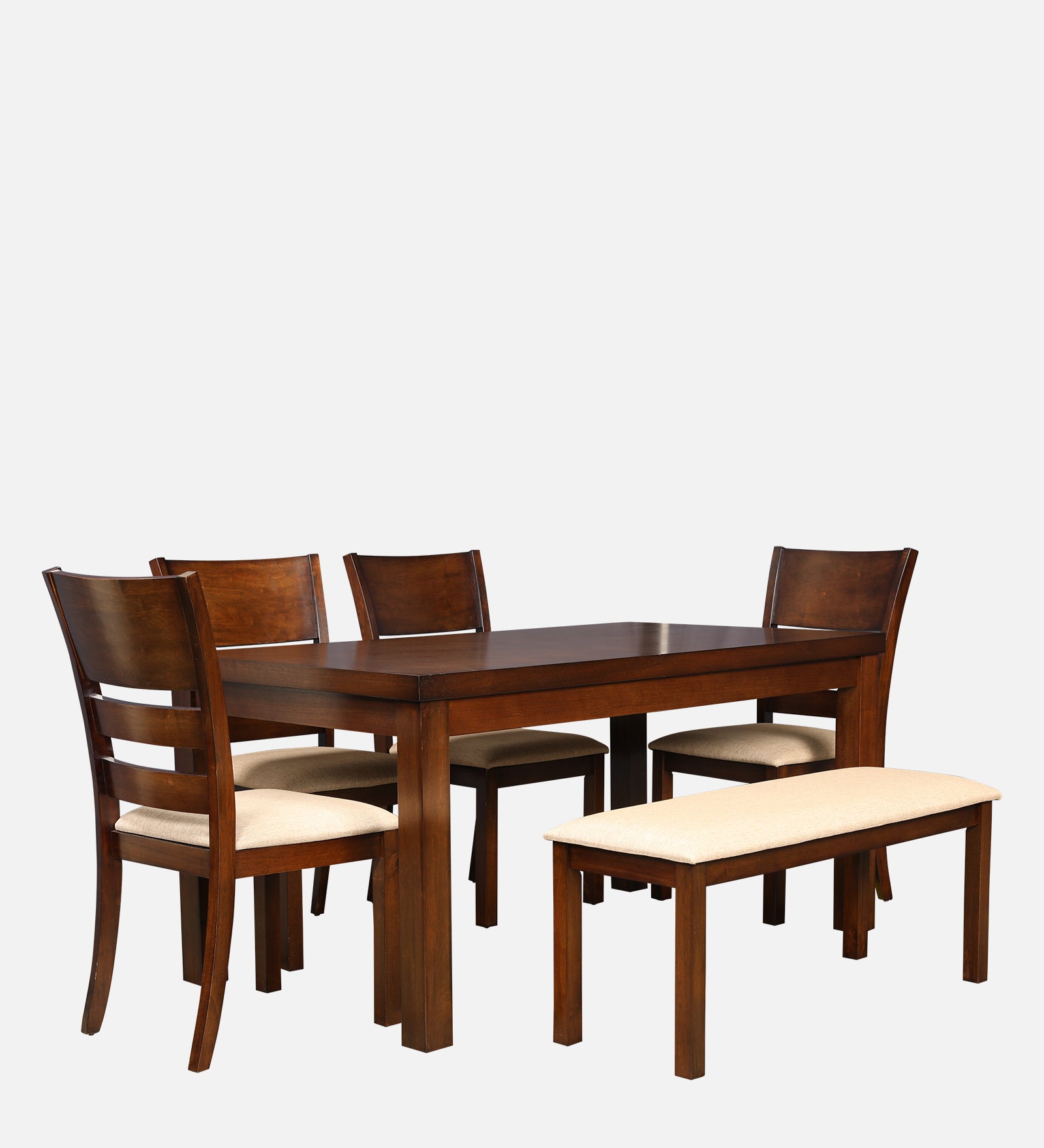 Shore Rubber Wood Six Seater Dining Set With Bench in Rio Brown Colour
