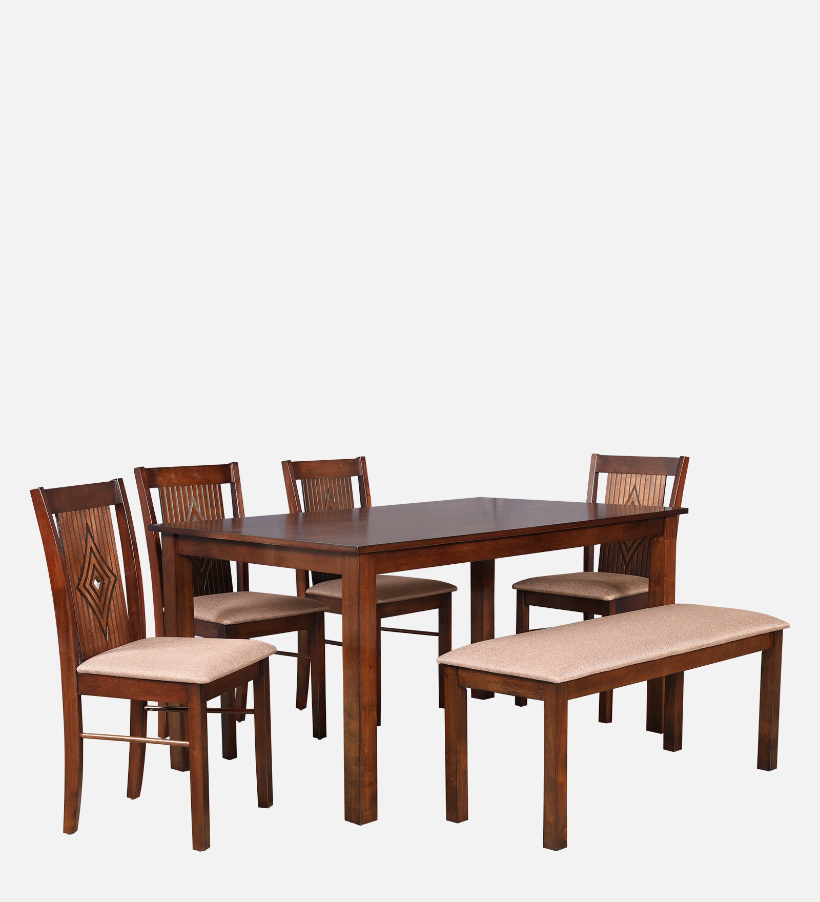 Aravali Rubberwood Six Seater Dining Set With Bench in Antique Cherry Colour