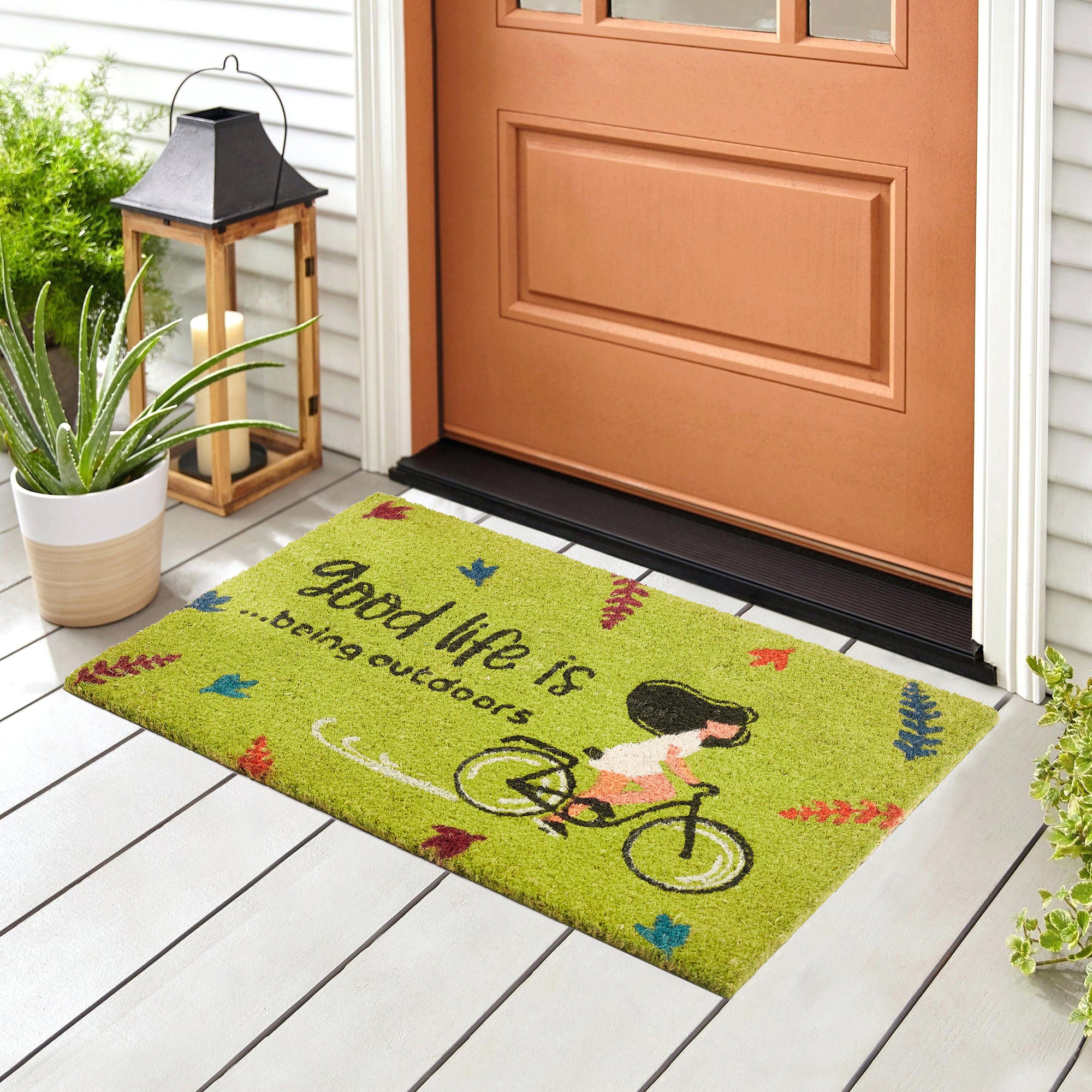 Good Life Is  Being Outdoors Printed Coir Doormat 40x60 CM in Green Colour