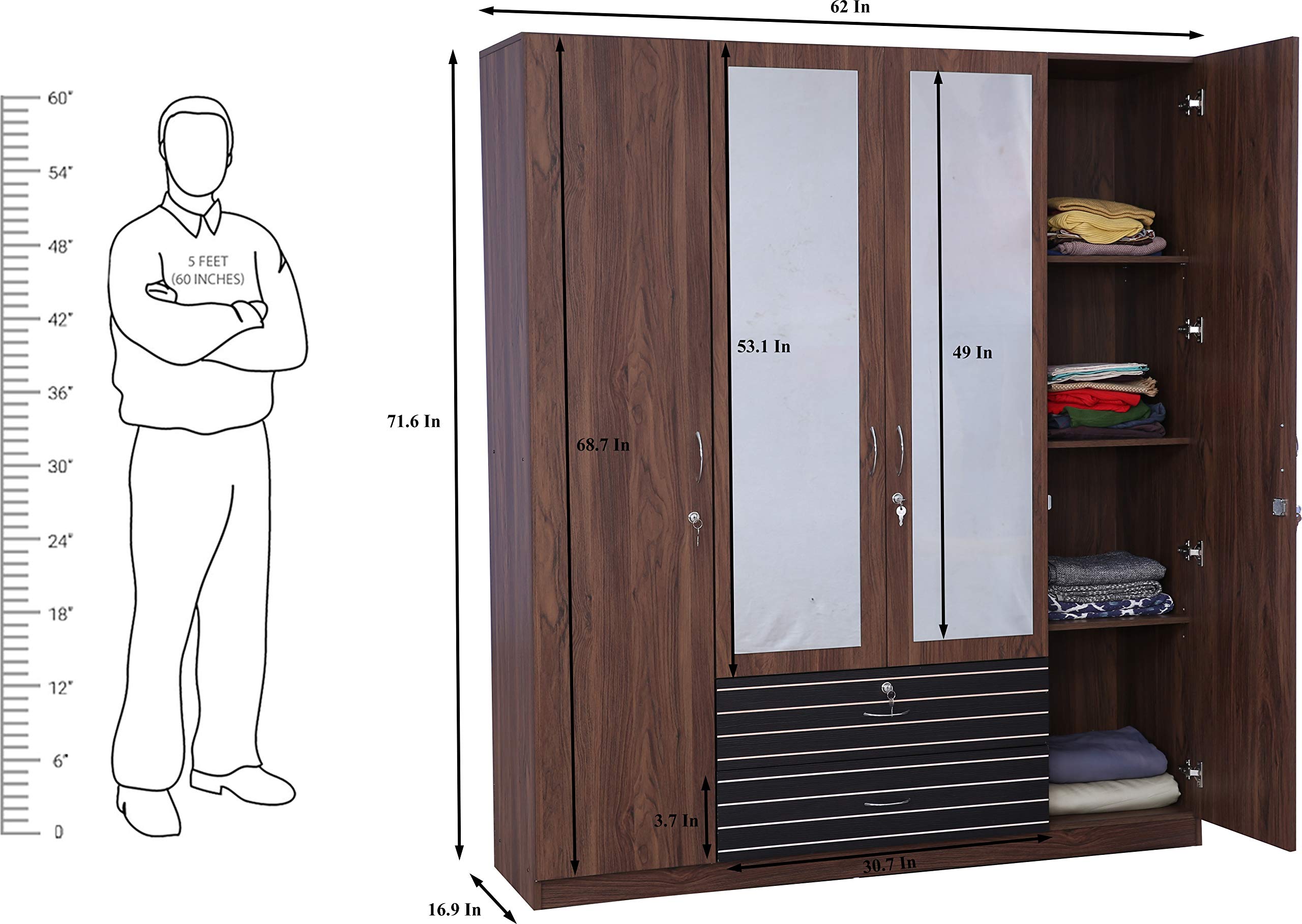 Molly Engineered Wood Four Door Wardrobe with Mirror in Walnut Finish