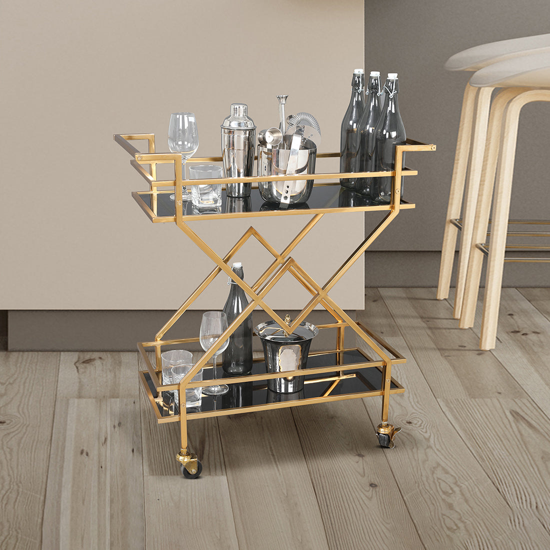 Turin Metal Serving Trolley in Gold & Black Colour