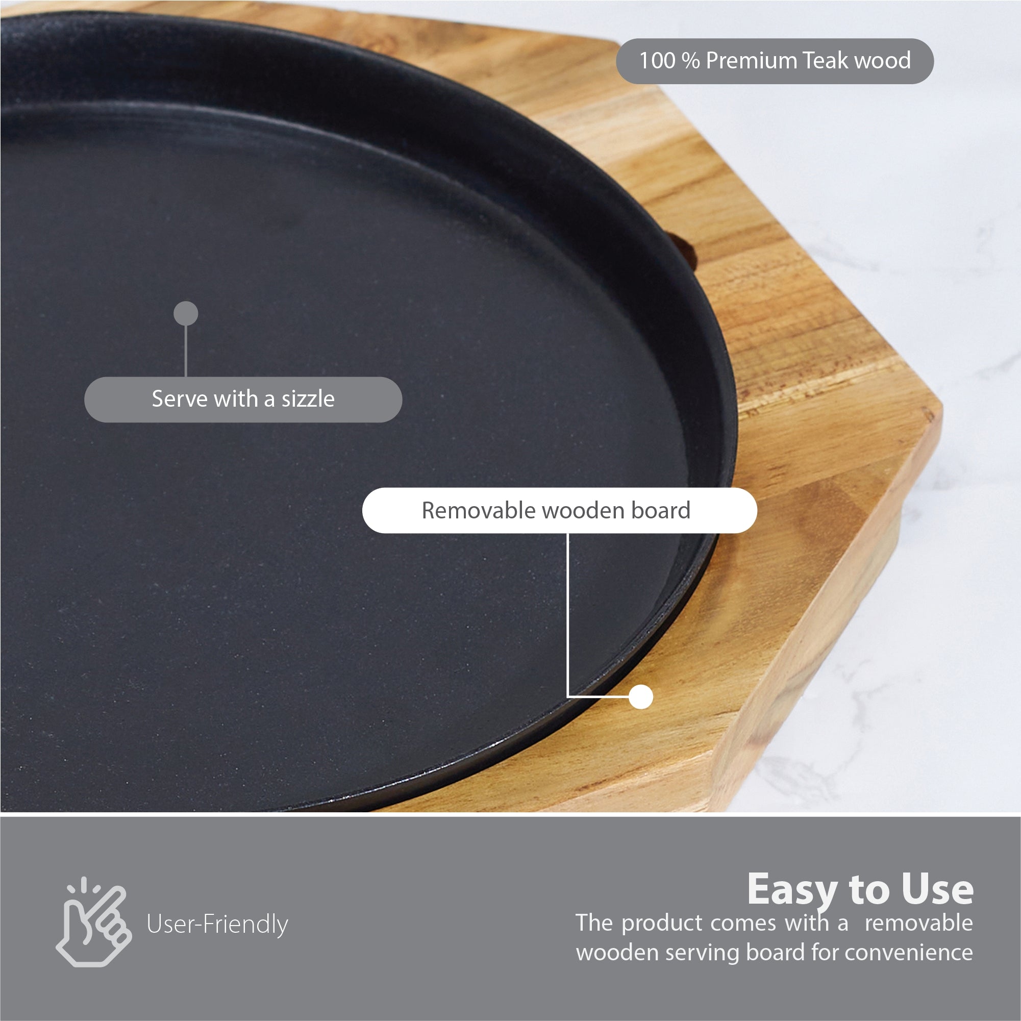 Beautiful Kitchen Metal and Wood Sizzler Plate Round in Brown Colour