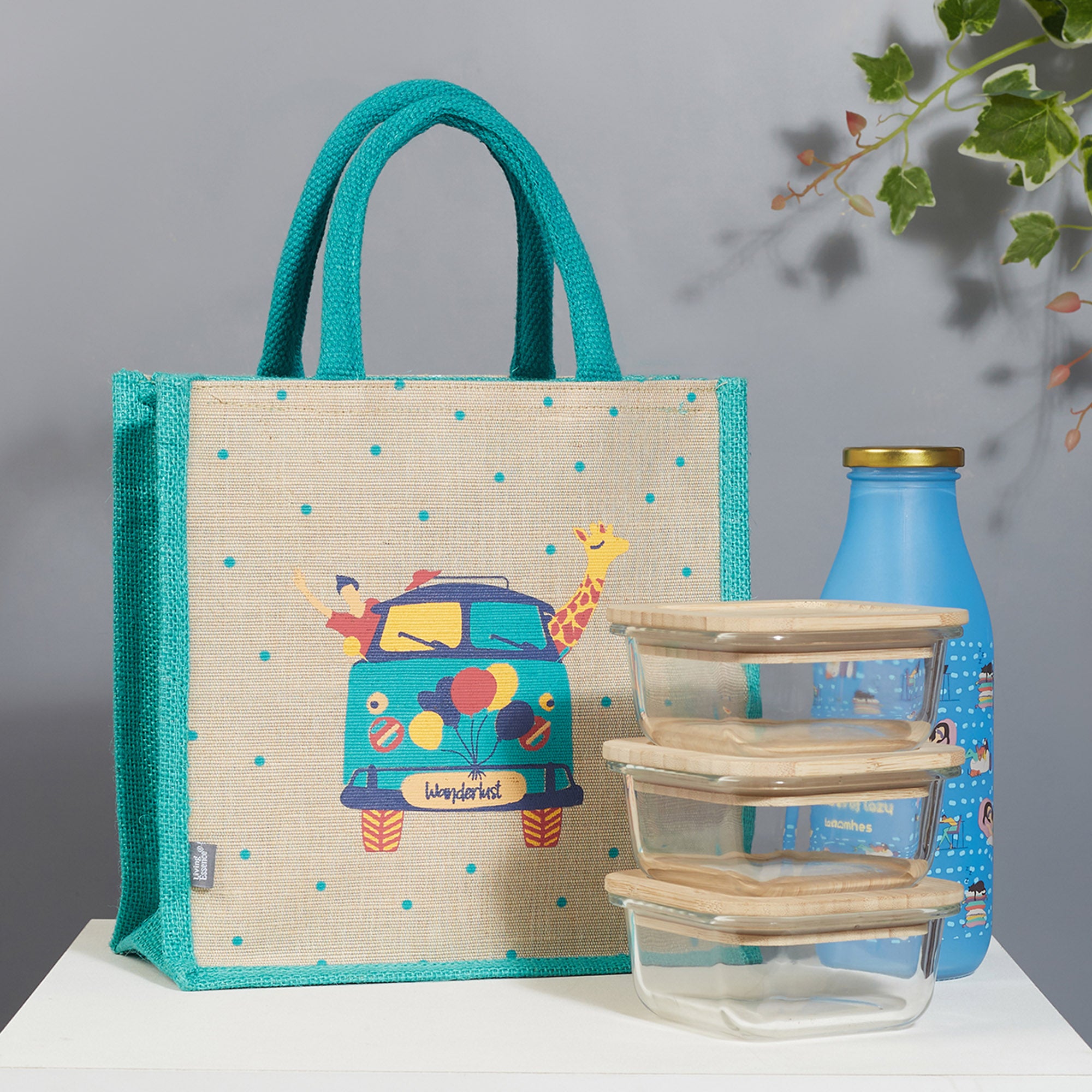 Good Life Jute Reversible Wanderlust Printed Lunch Bag 25.5 x 25.5 Cm in Turq Colour