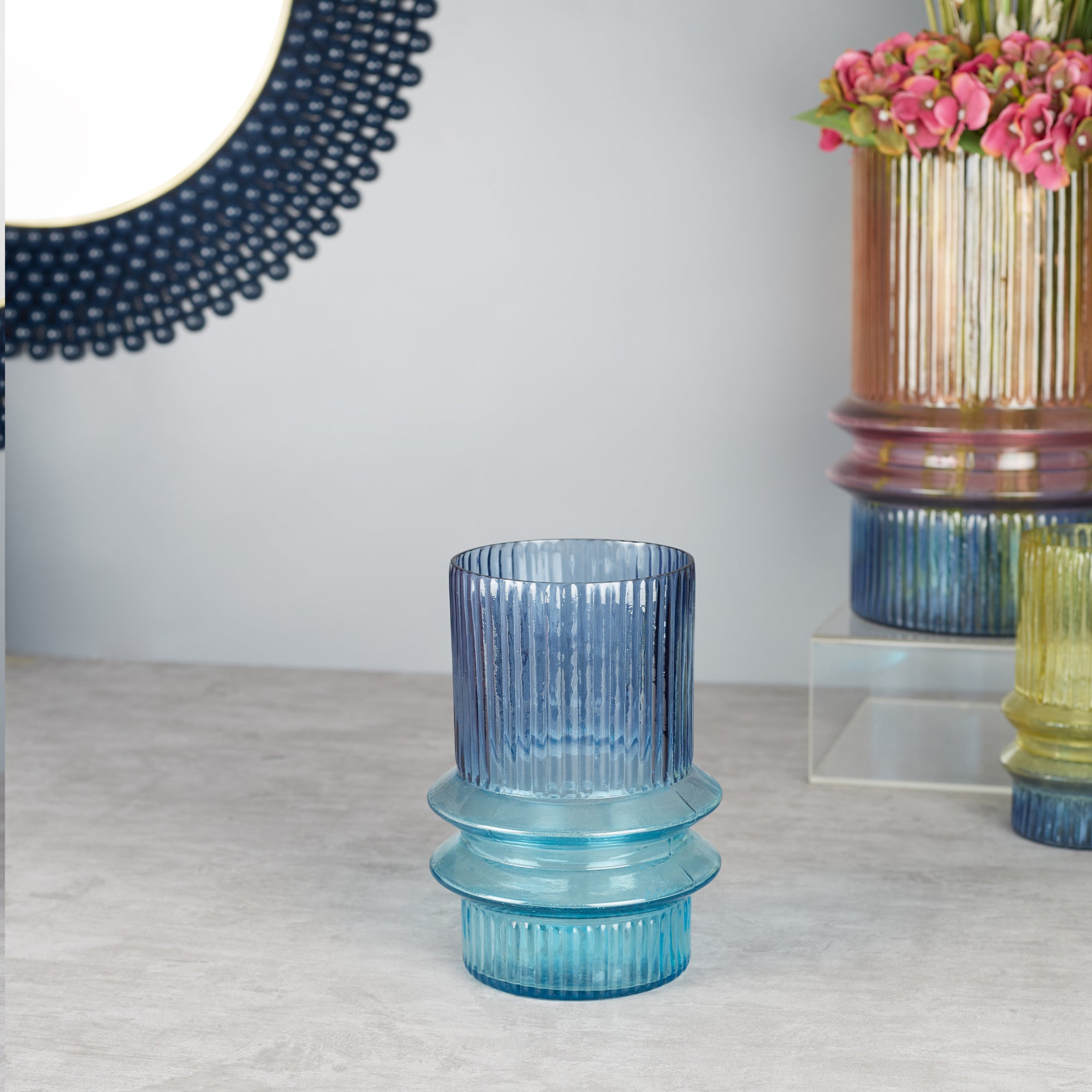 Phiona Glass Fluted Handcrafted Medium Vase 21 Cm in Multi Colour