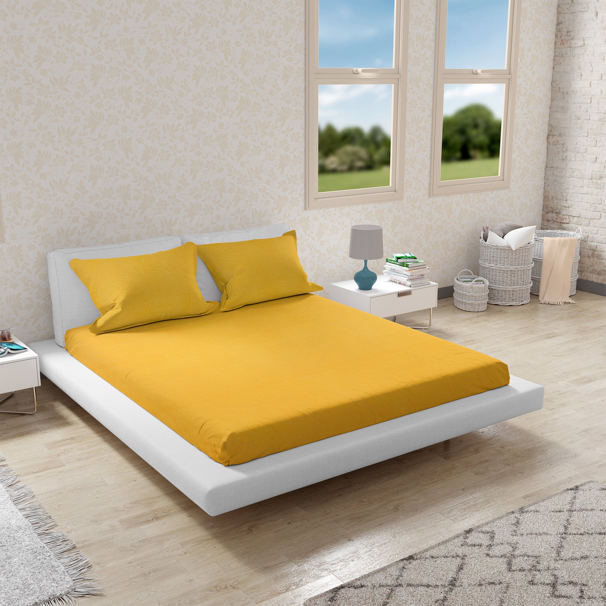 Emilia 100% Cotton Queen Double Bedsheet in Mustard Colour