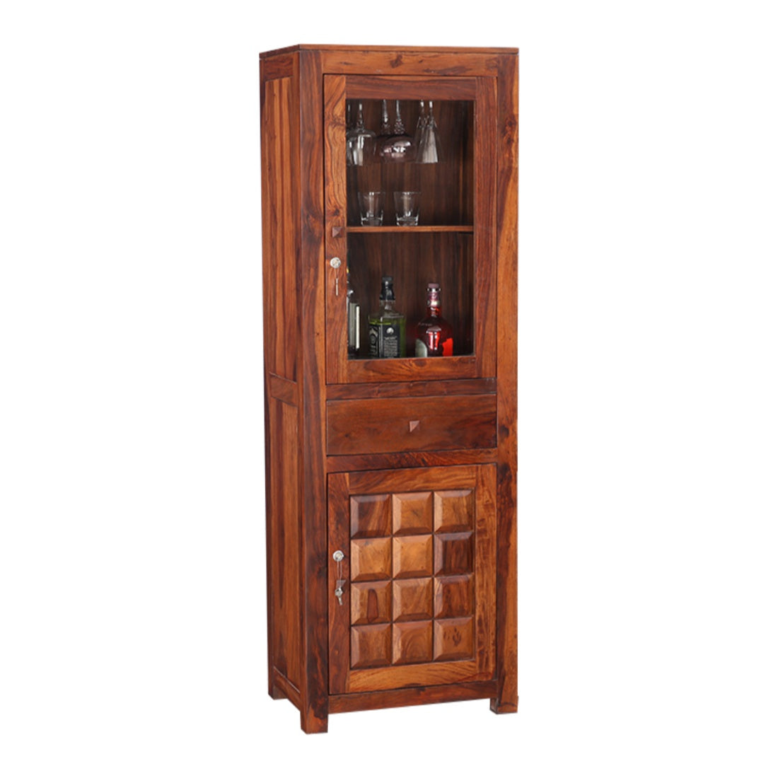 Woodrow Sheesham Wood(Rosewood) Tall Bar Cabinet in HONEY Colour
