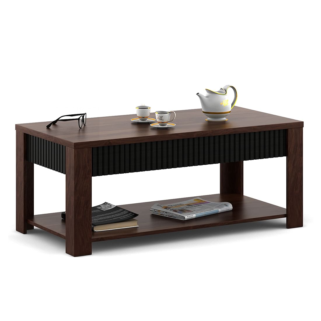 Understated Charm + (Paddington 3 + 2 Seater Sofa Set Dark Brown + Antwerp Flute Center Table & Side Table + Aravali 6 Seater Dining Set with Bench)