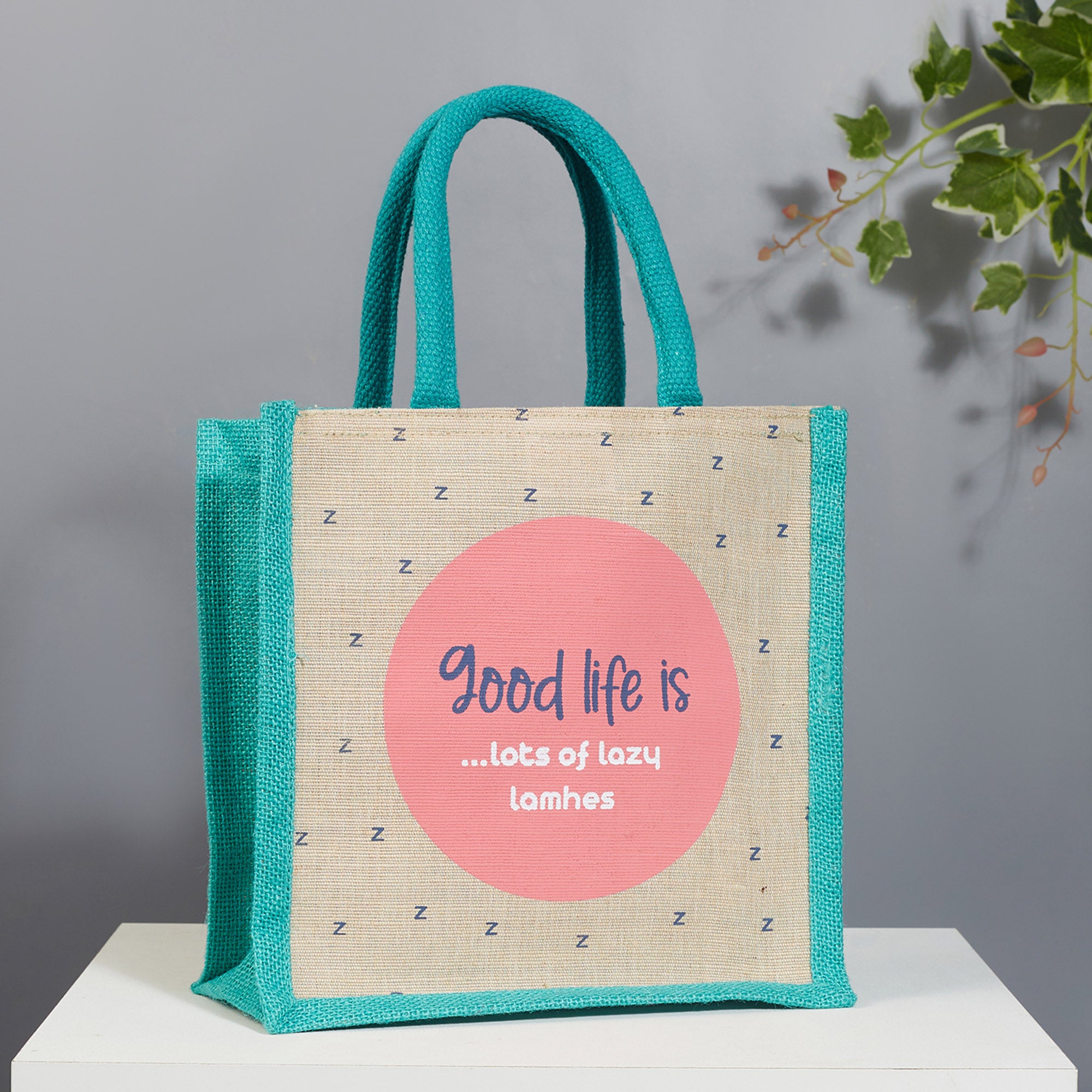 Good Life Jute Reversible Lazy Lamhe Printed Lunch Bag 25.5 x 25.5 Cm in Turq Colour