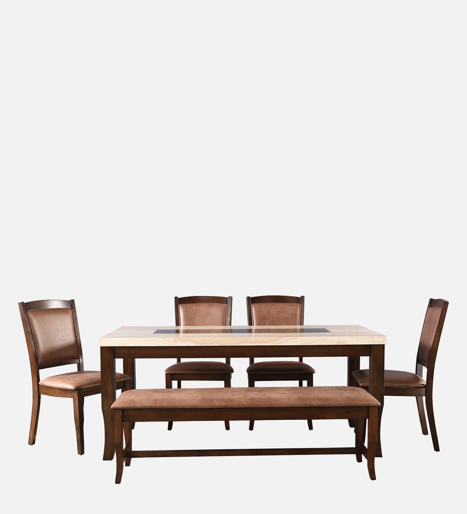 Nexus Marble Finish Six Seater Dining Set With Bench in Antique Cherry Colour