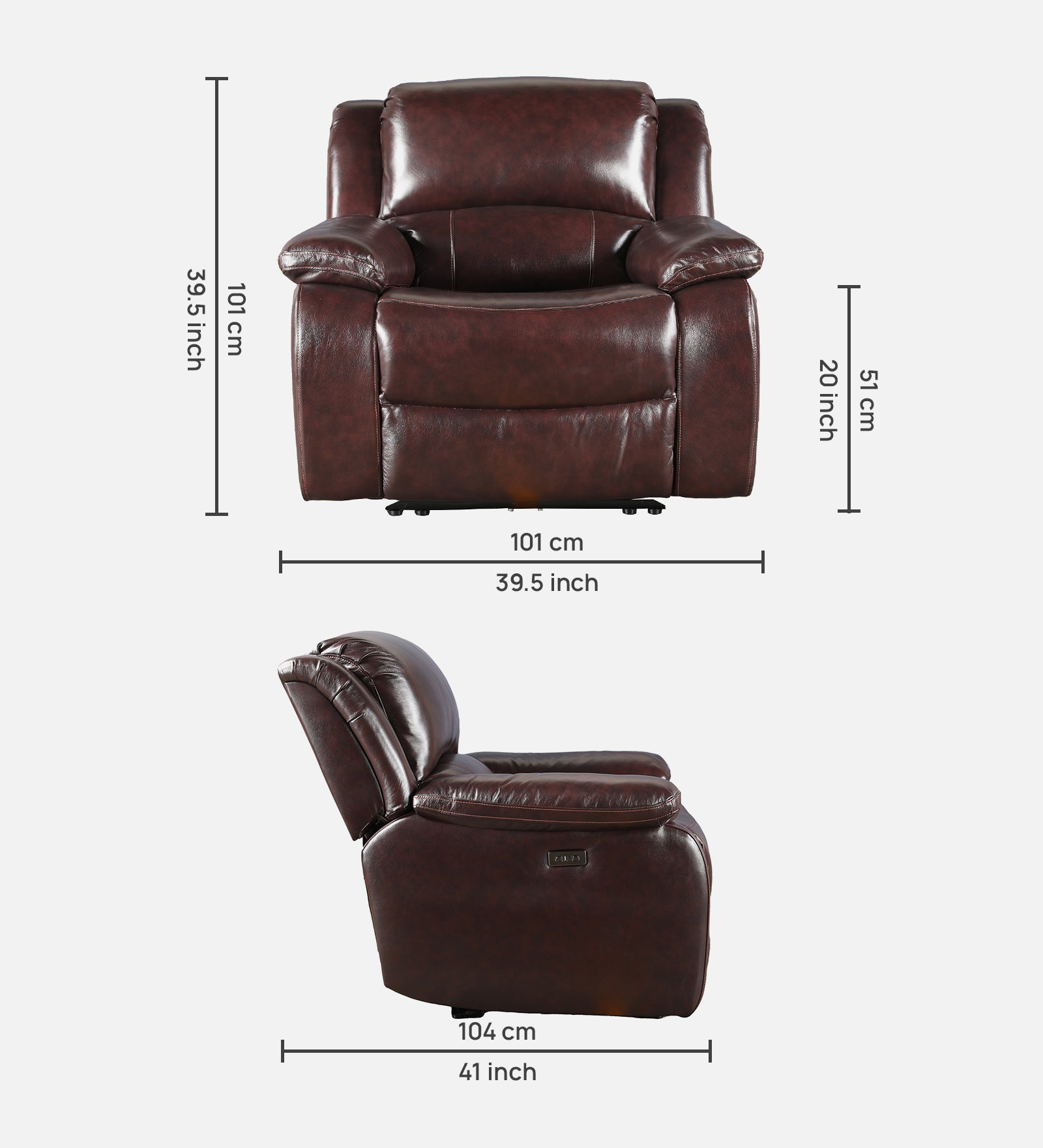 Rhine Half Leather Single Seater Electric Recliner in Brown Colour
