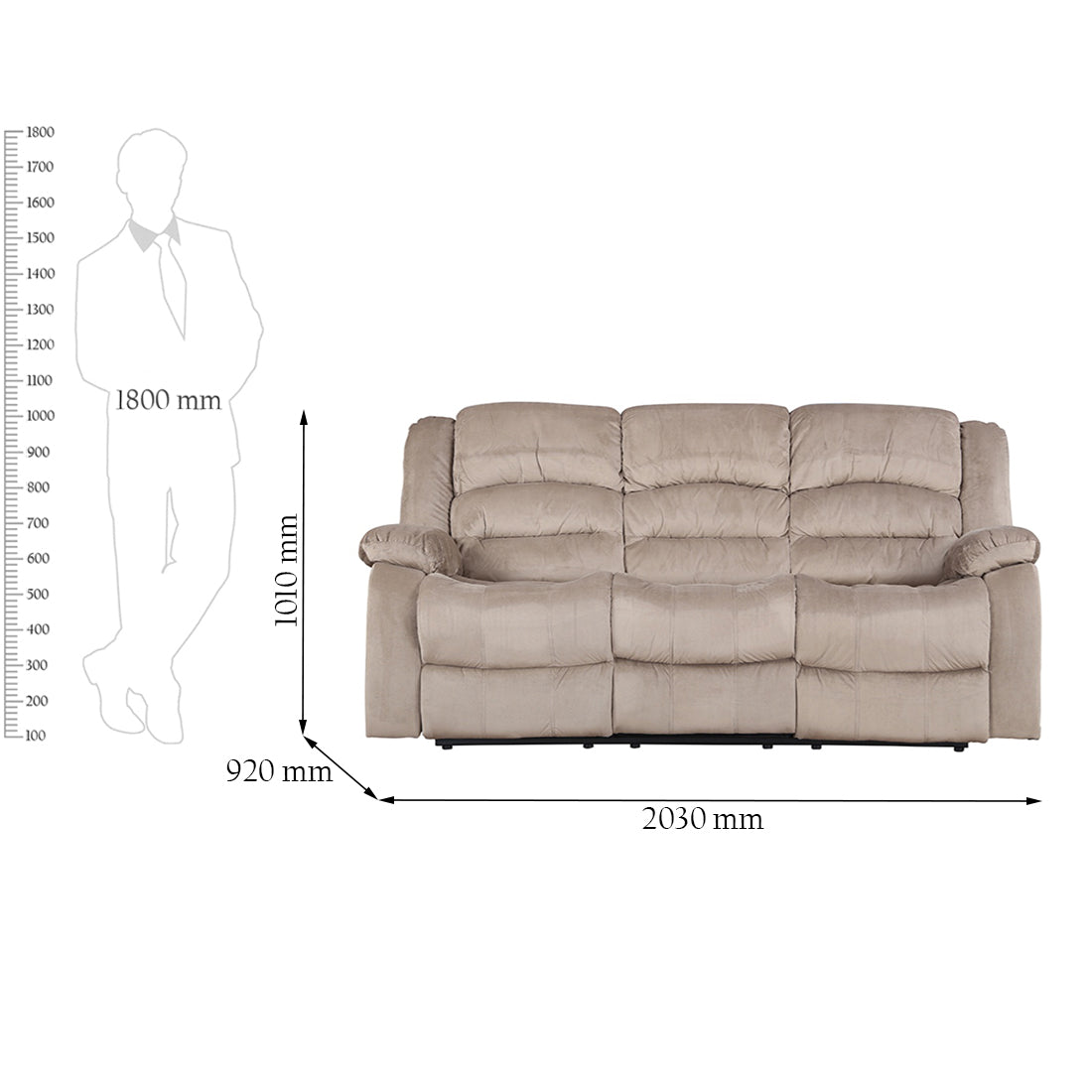 Bradford Fabric Three Seater Recliner in Beige Colour