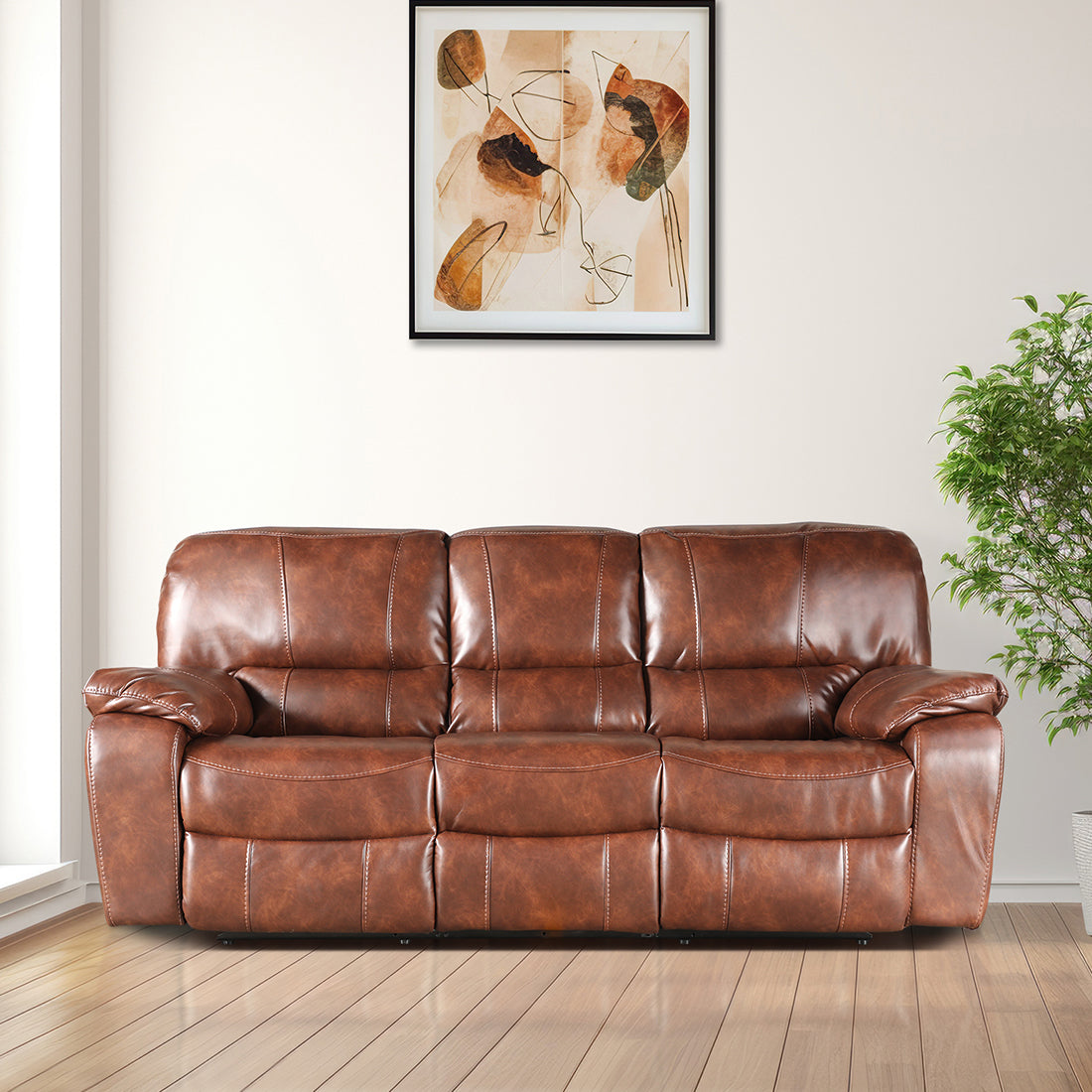 Urbano Leather Fabric Three Seater Recliner in Brown Colour