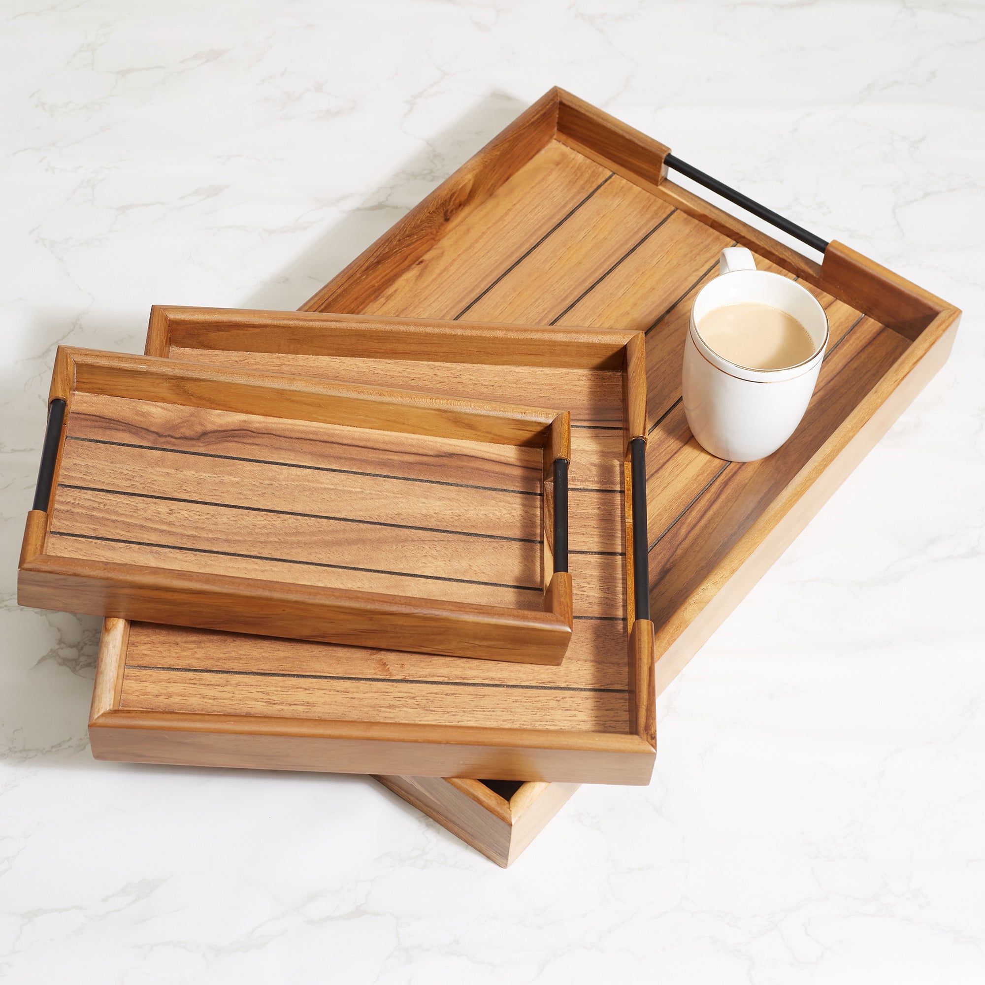 Beautiful Kitchen Metal and Wood Serving Tray Set of 3 in Brown Colour