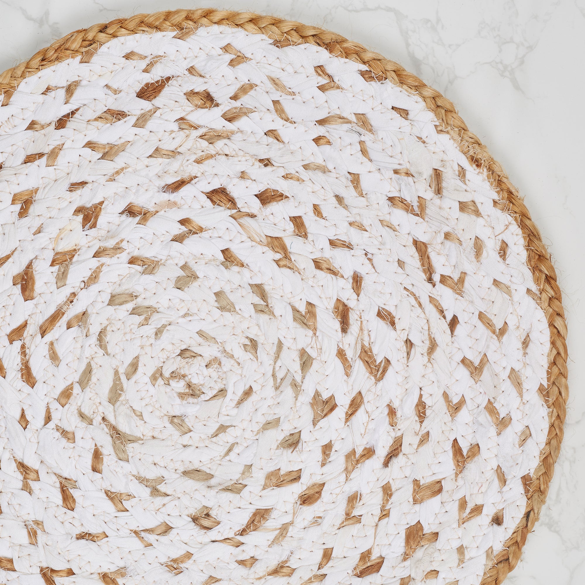 Ebony  Handmade Recycled Fabric Placemat Dia 38 Cm in White Colour