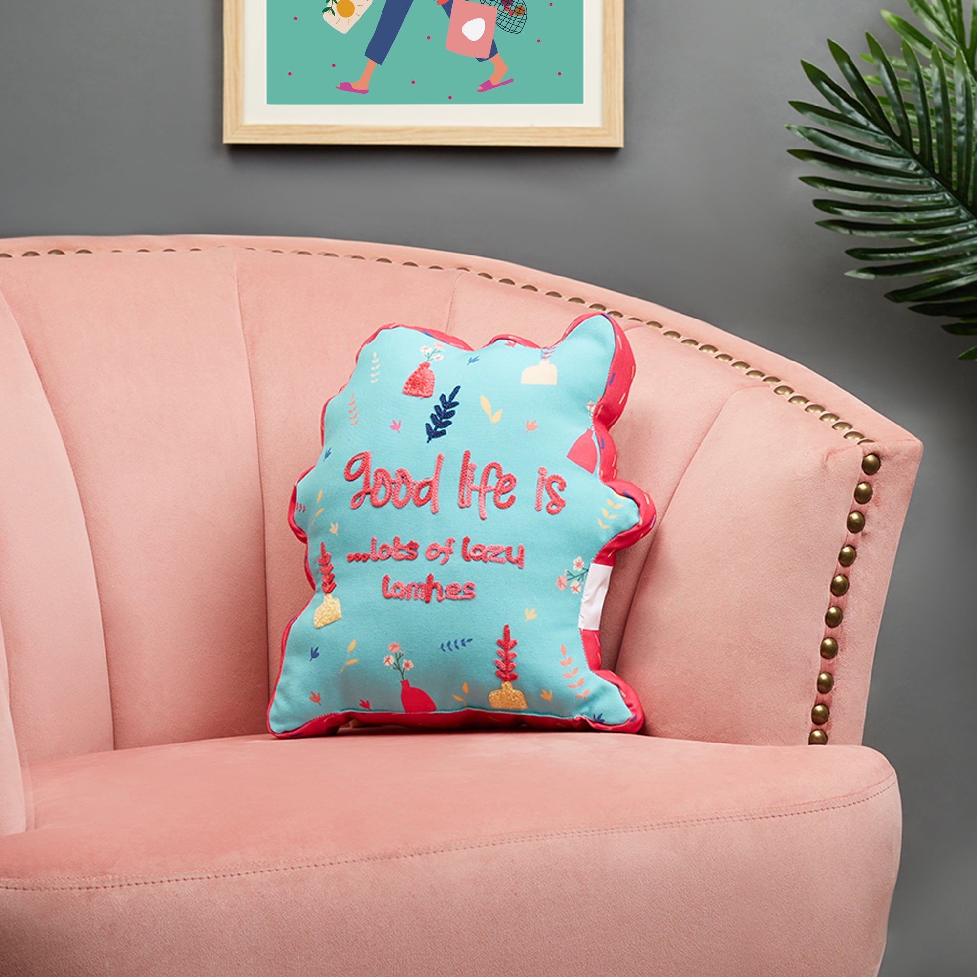 Good Life  Reversible Lazy Lamhe Digital Printed Shaped Cushion 33x36 Cm in Aqua Colour