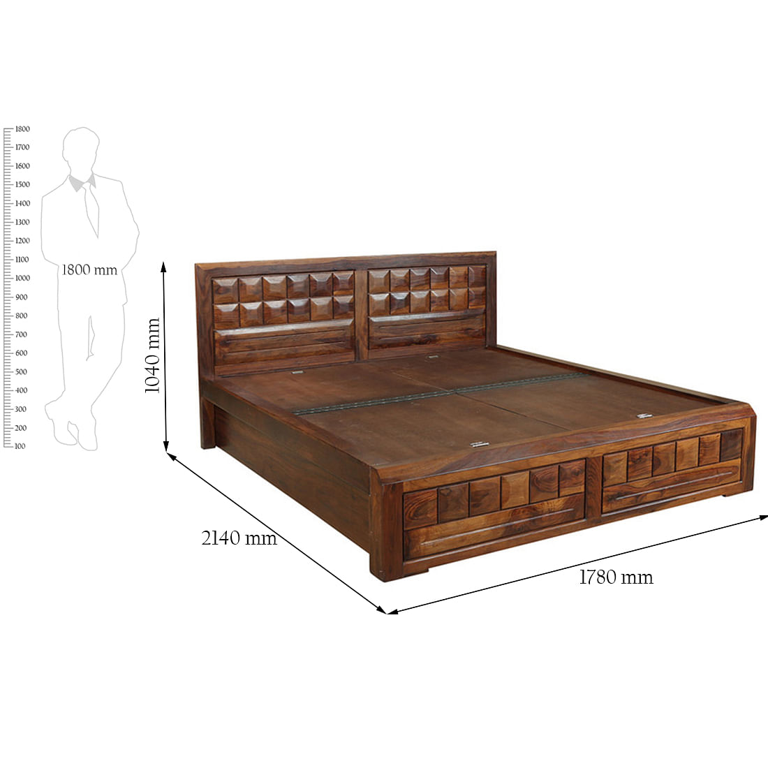 Woodrow Sheesham Wood(Rosewood) Queen bed with Box storage in Honey Colour