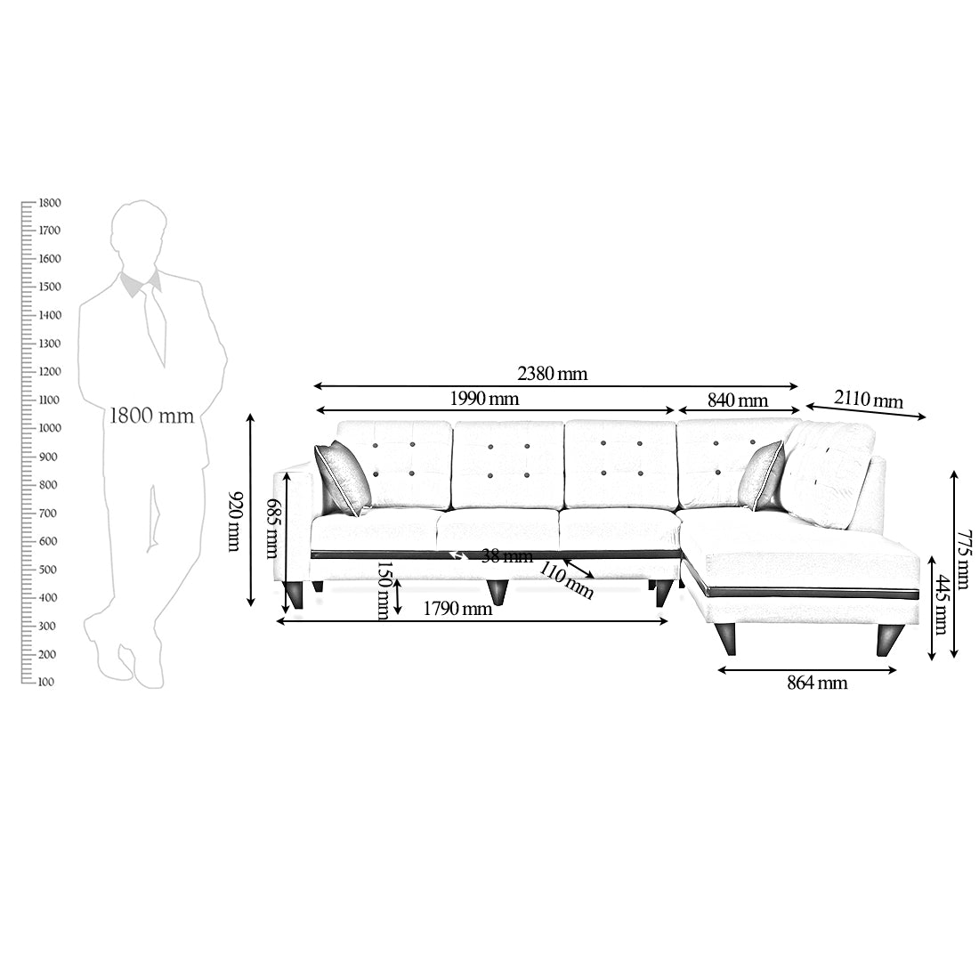 Garcia Fabric 3 Seater Sofa With Left Hand Side Lounger in Beige Colour