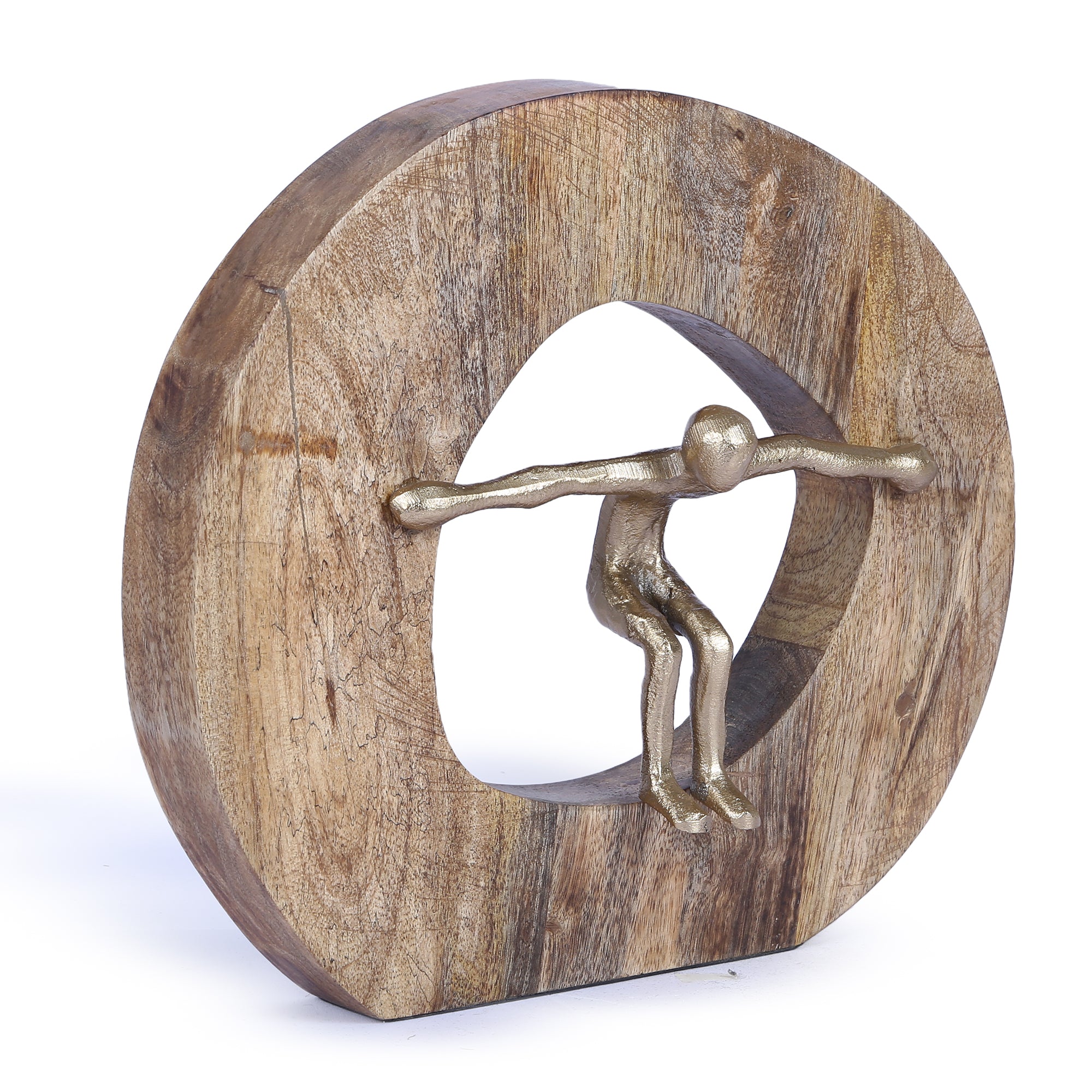 Walton Wood Metal Human And Wood Figurine in Natural Wood And Gold Colour
