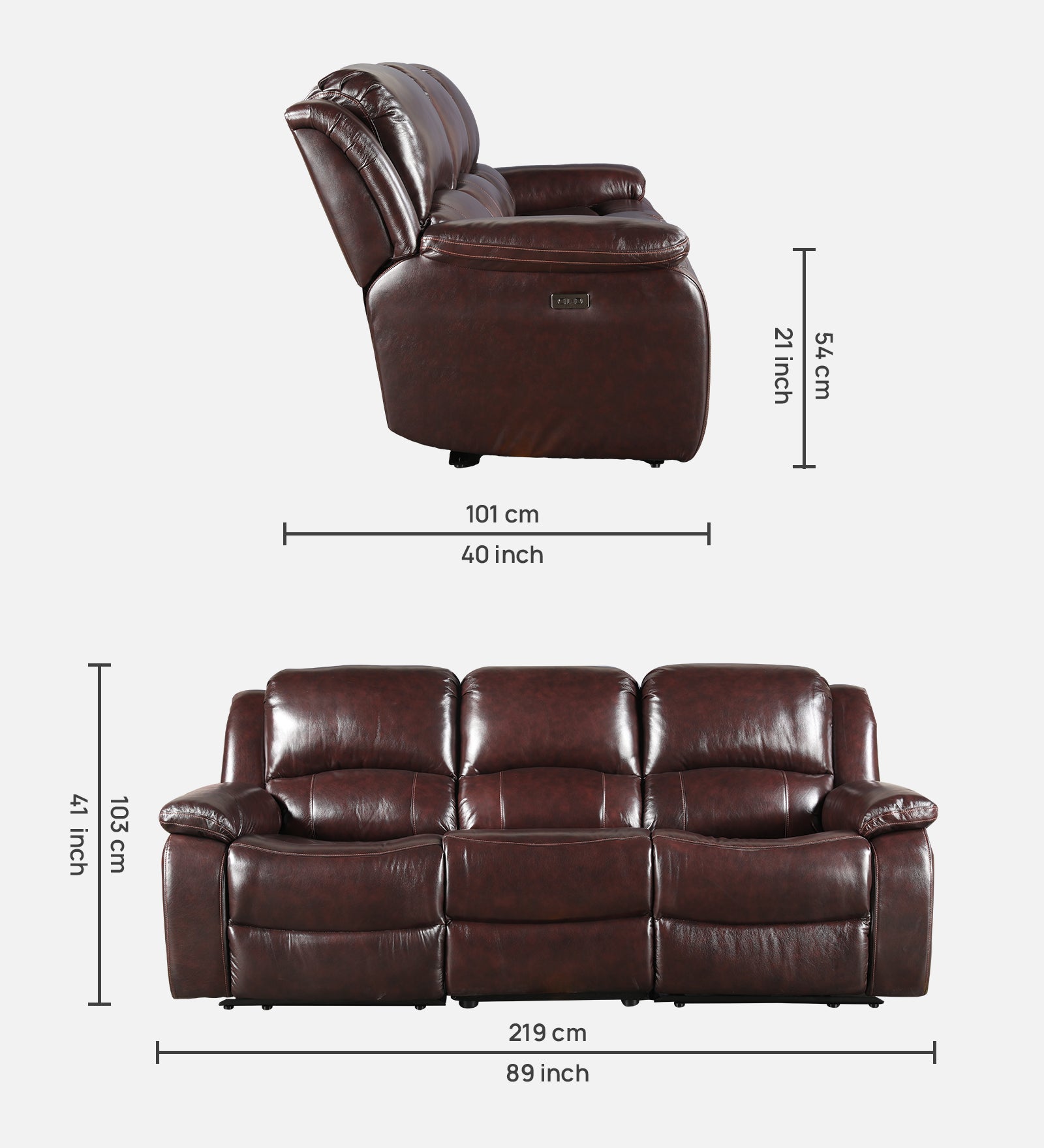 Rhine Half Leather Three Seater Electric Recliner in Brown Colour