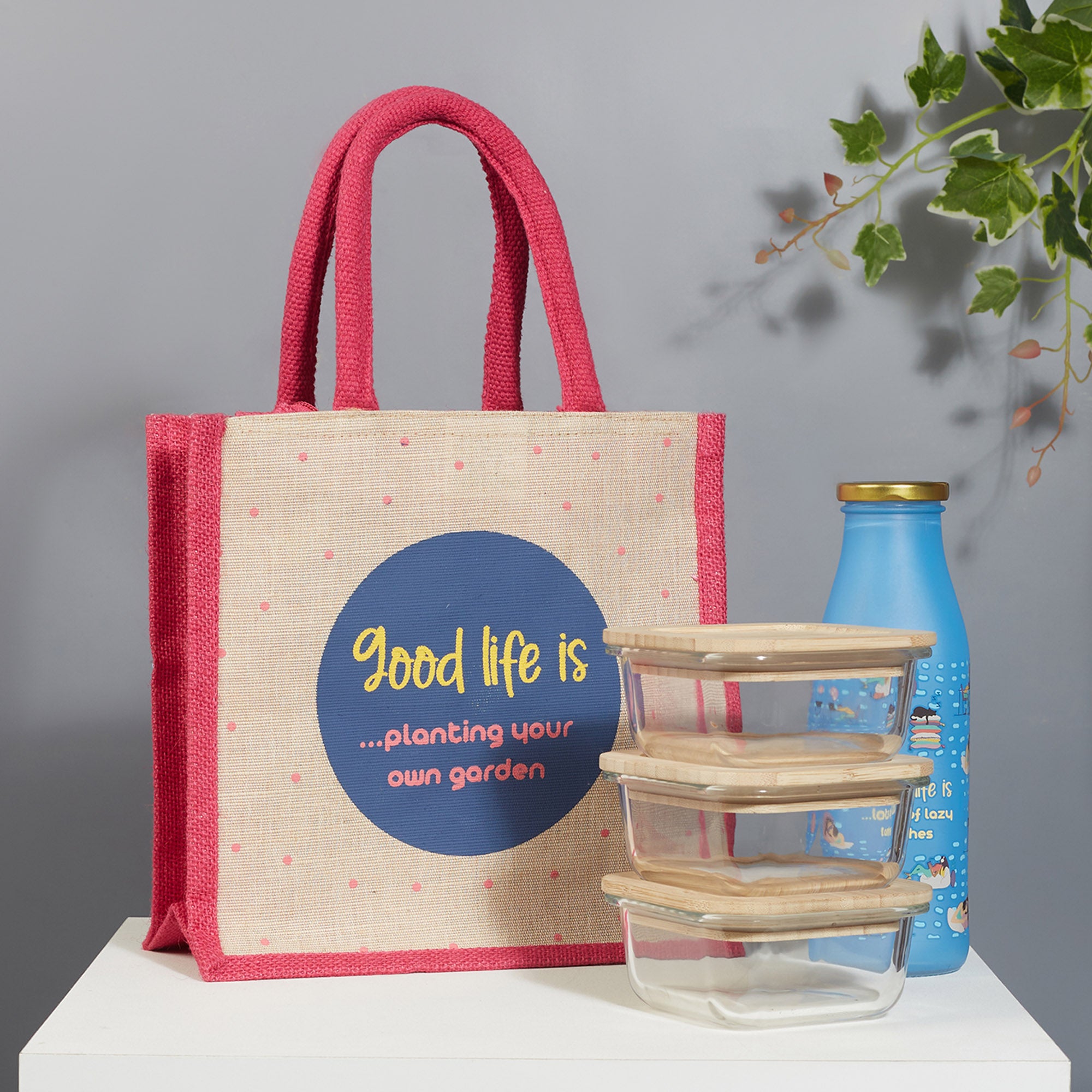 Good Life Jute Reversible Bag Garden Printed Lunch Bag 25.5 x 25.5 Cm in Multi Colour
