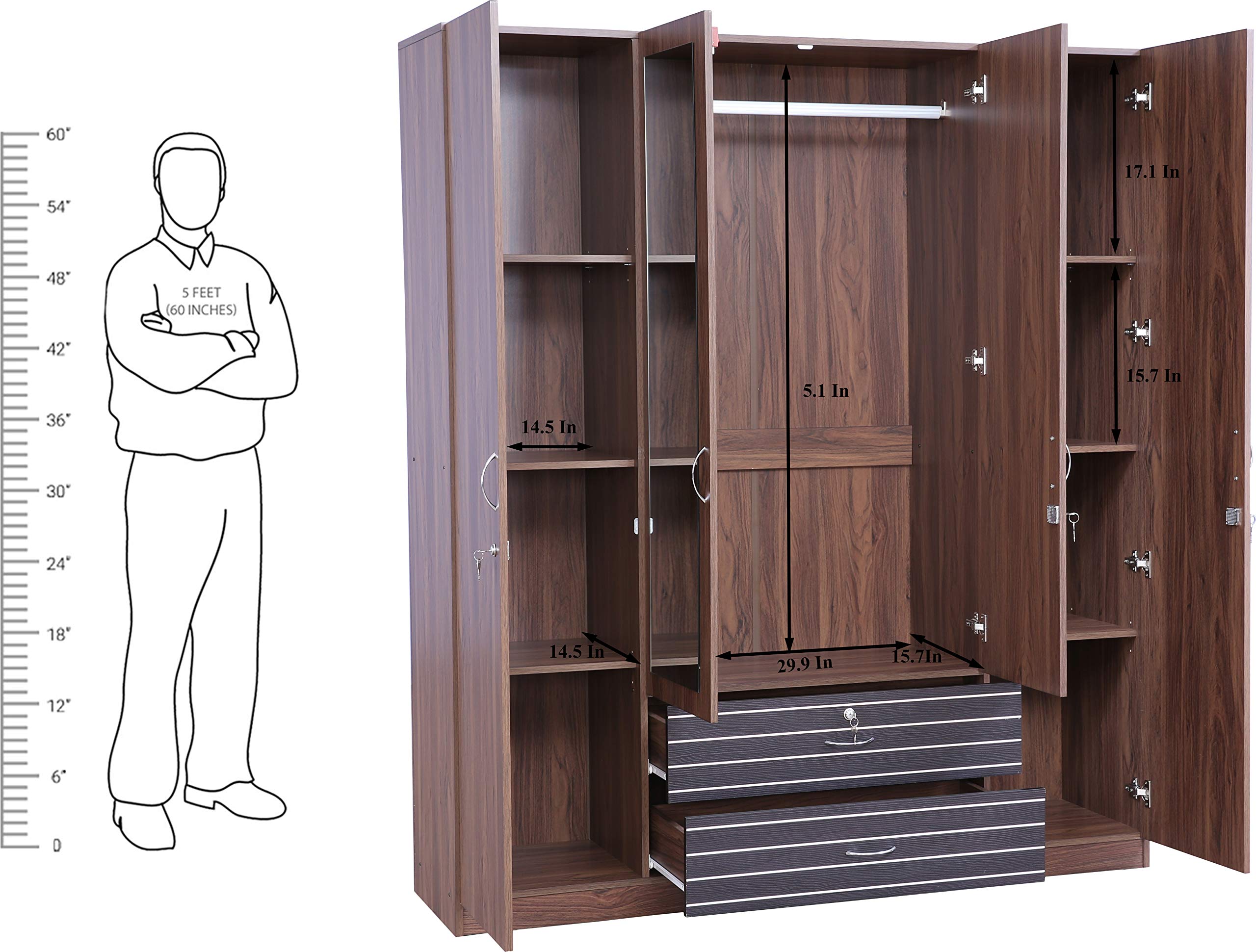 Molly Engineered Wood Four Door Wardrobe with Mirror in Walnut Finish