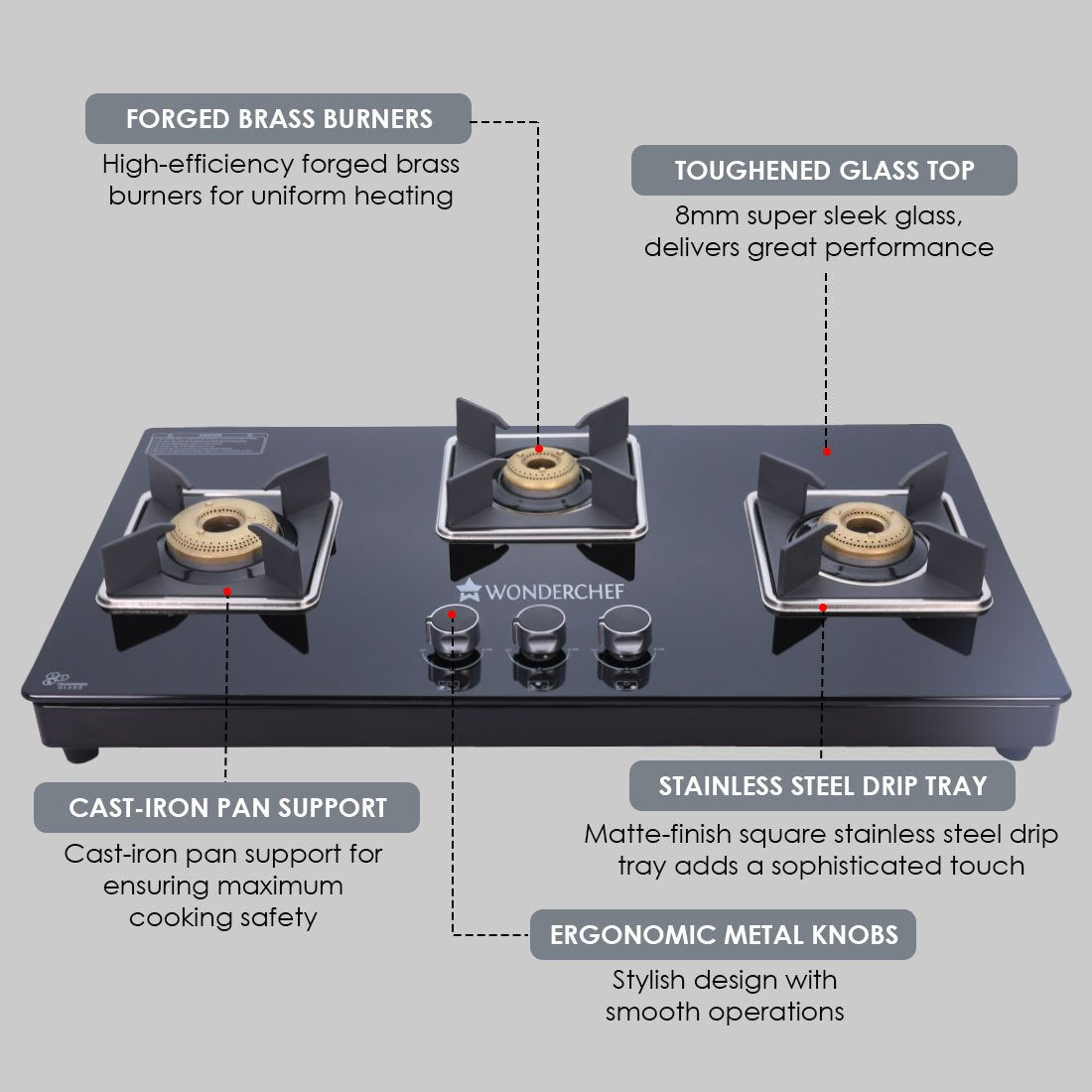 Octavia 1 - Gas Stove, 3 - Forged Brass Burners, 3 - Heavy duty pan support in Black Colour