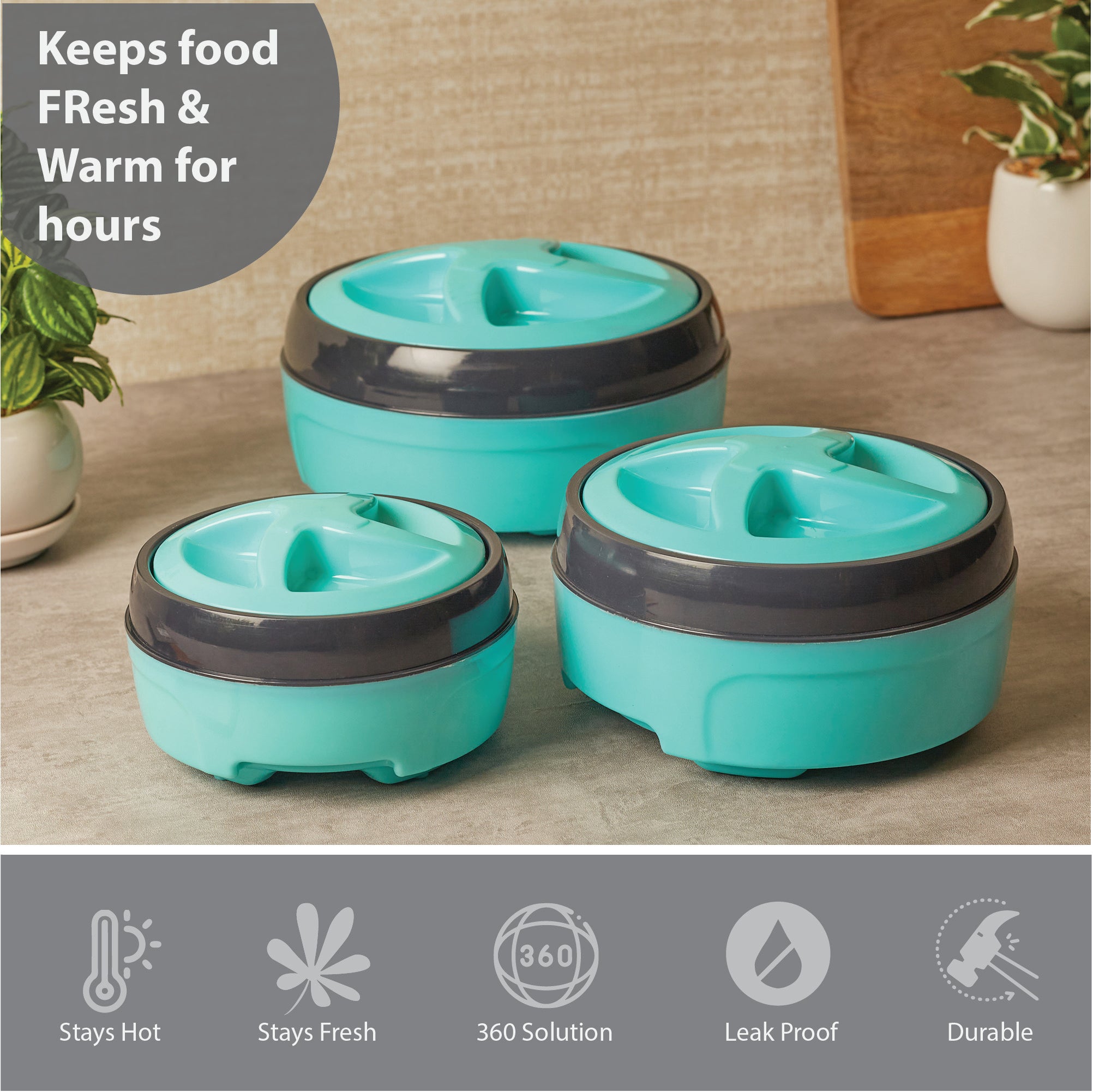 Fiesta Plastic and Stainless Steel Trio Double-Wall Insulated Casserole Set Of 3 in Teal Colour