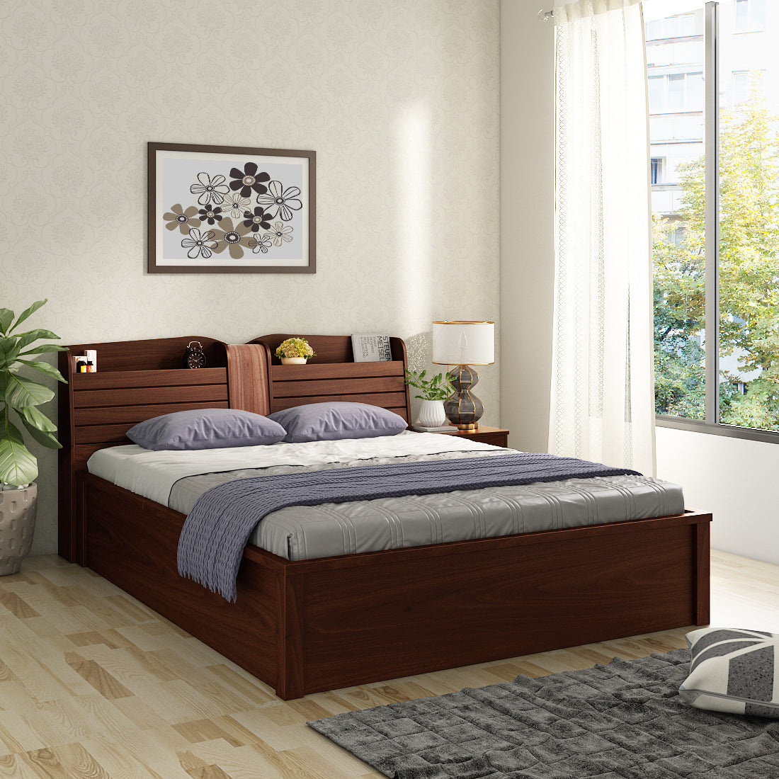 Magnum Engineered Wood Queen Bed with Box Storage in Urban Walnut Colour