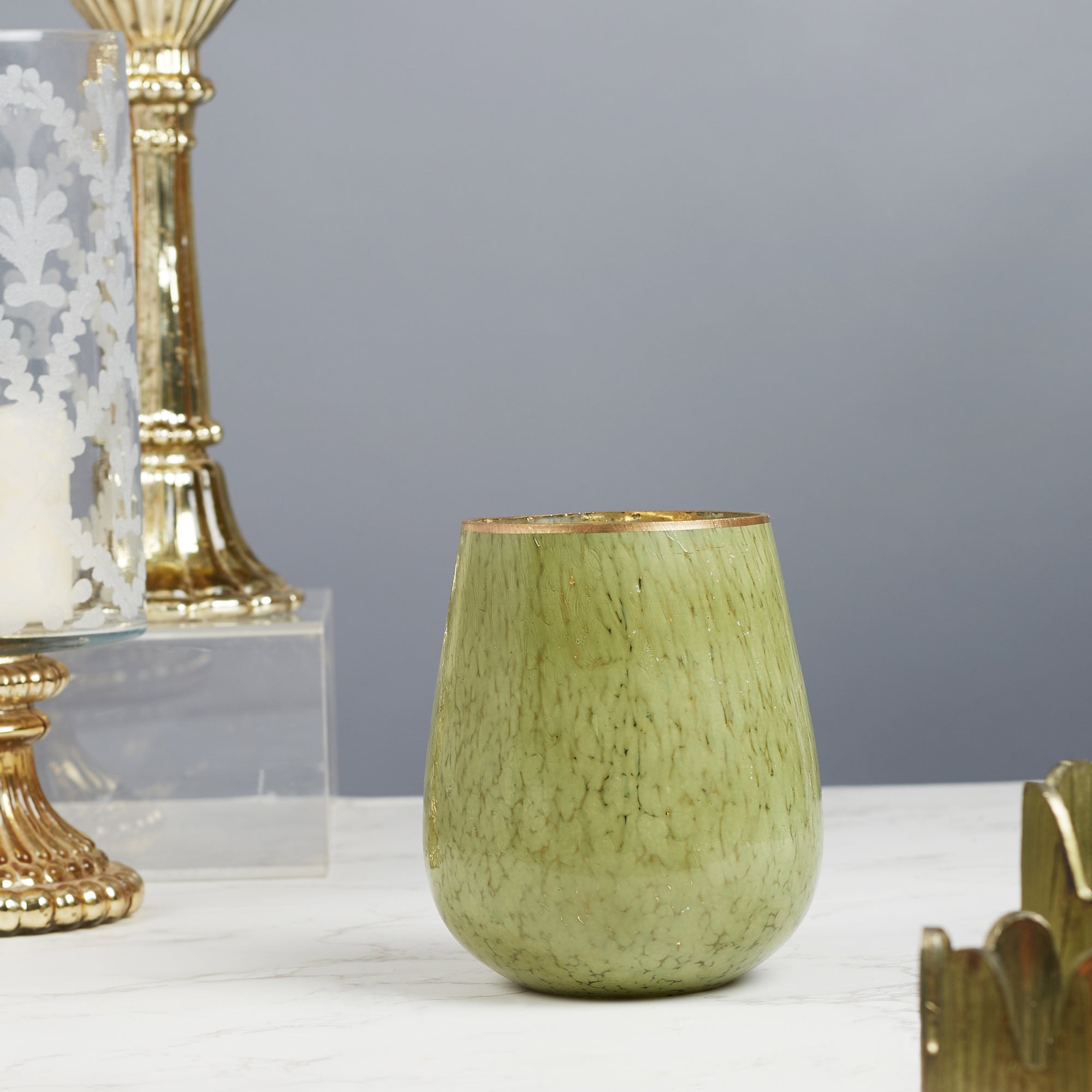 Phiona Glass Textured Handcrafted Vase 15 Cm in Olive Colour