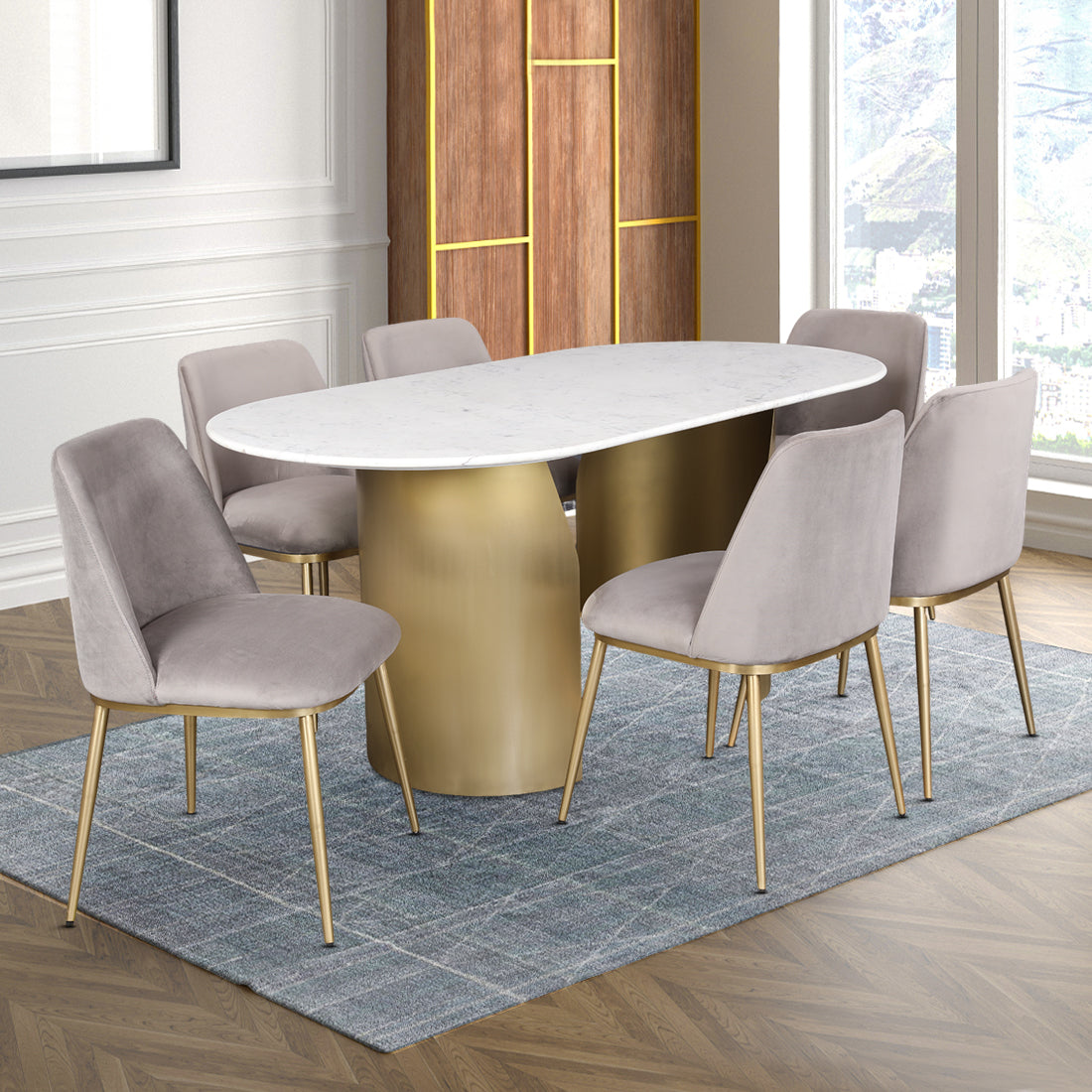 Palatine Marble Top Six Seater Dining Set in White & Grey Colour