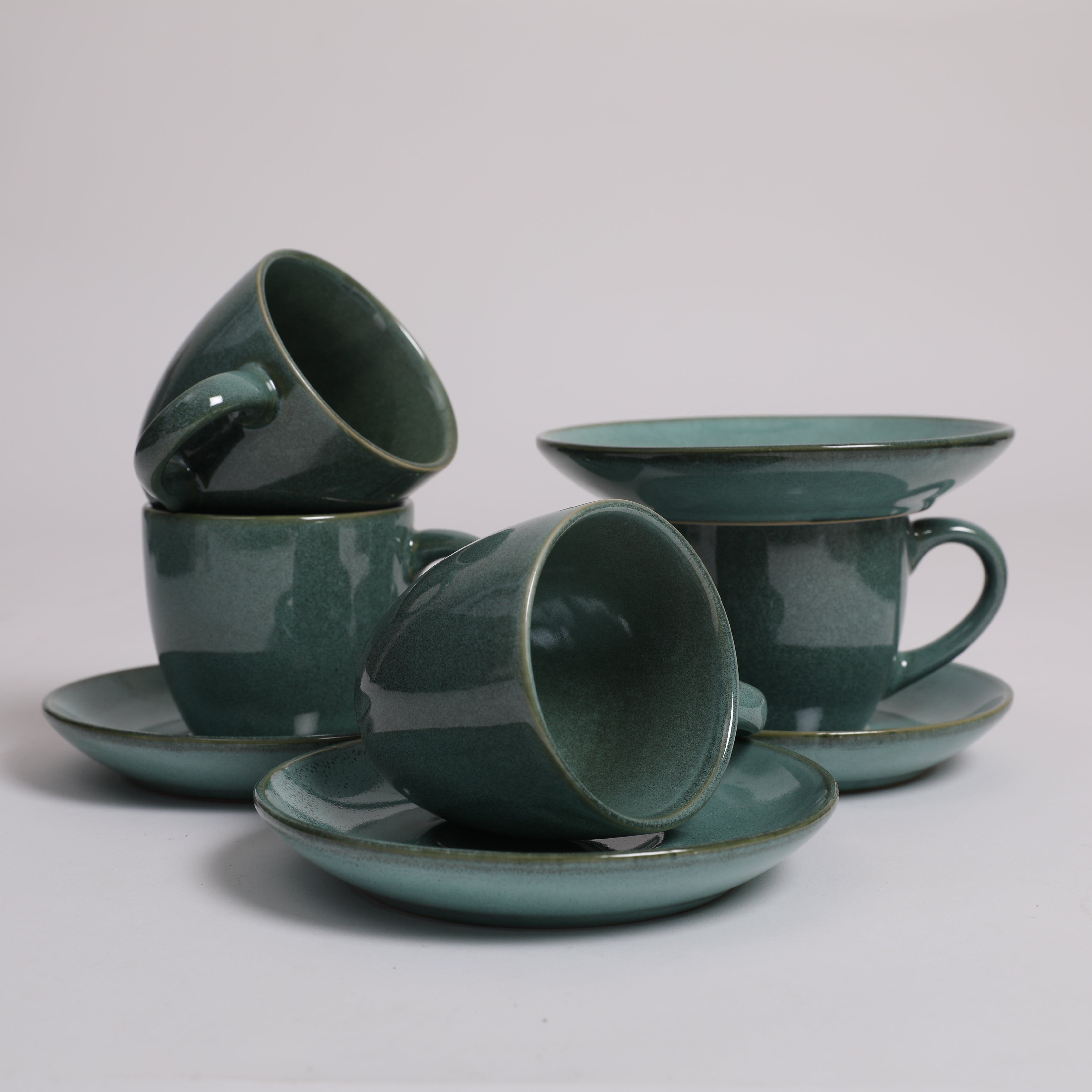 Living Essence Earl Cup & Saucer Set of 4 Pcs in Sea Green Colour