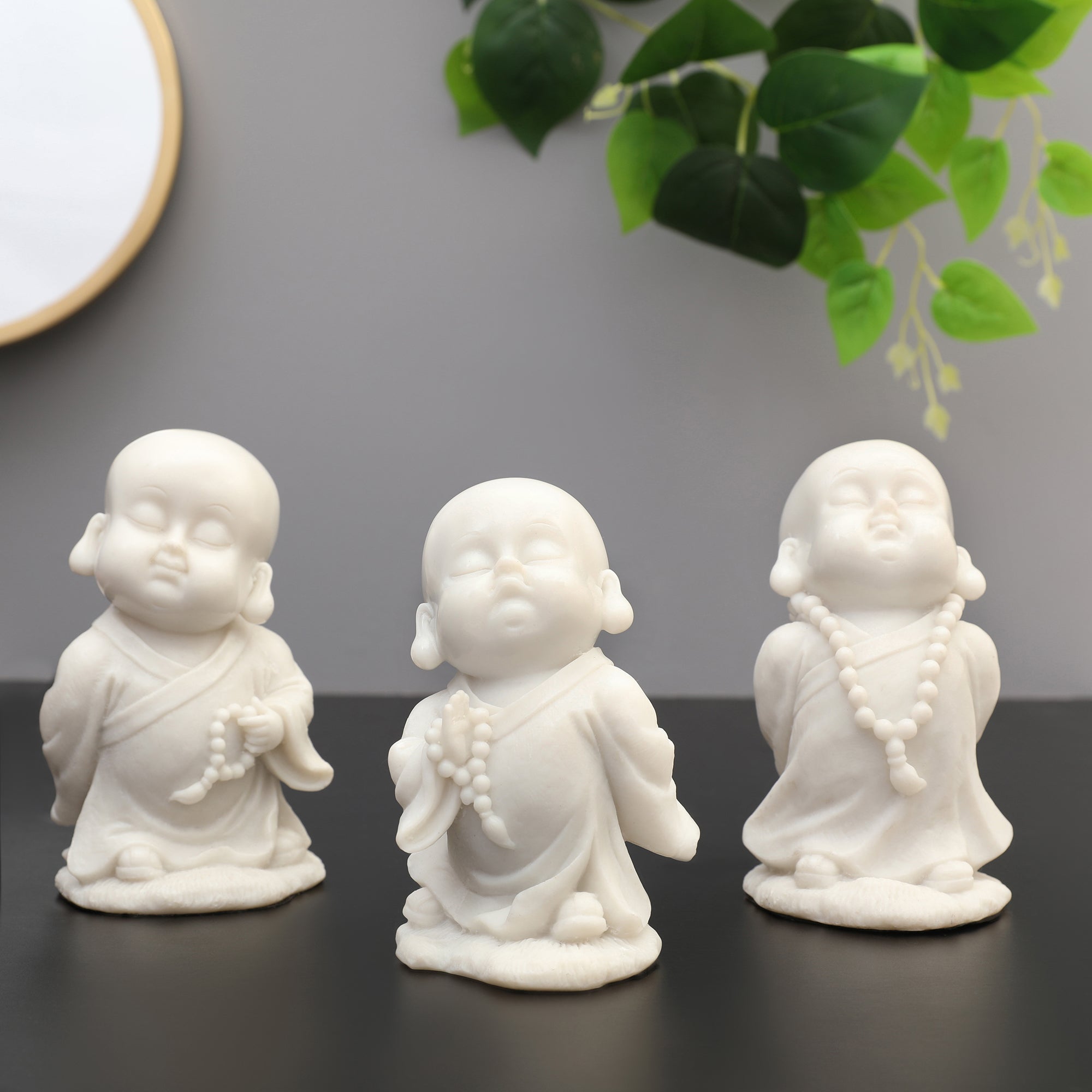 NAQSH MONK WITH MALA IN RIGHT HAND, POLYRESIN HAND FINISHED FIGURINE WHITE BY LIVNG ESSENCE
